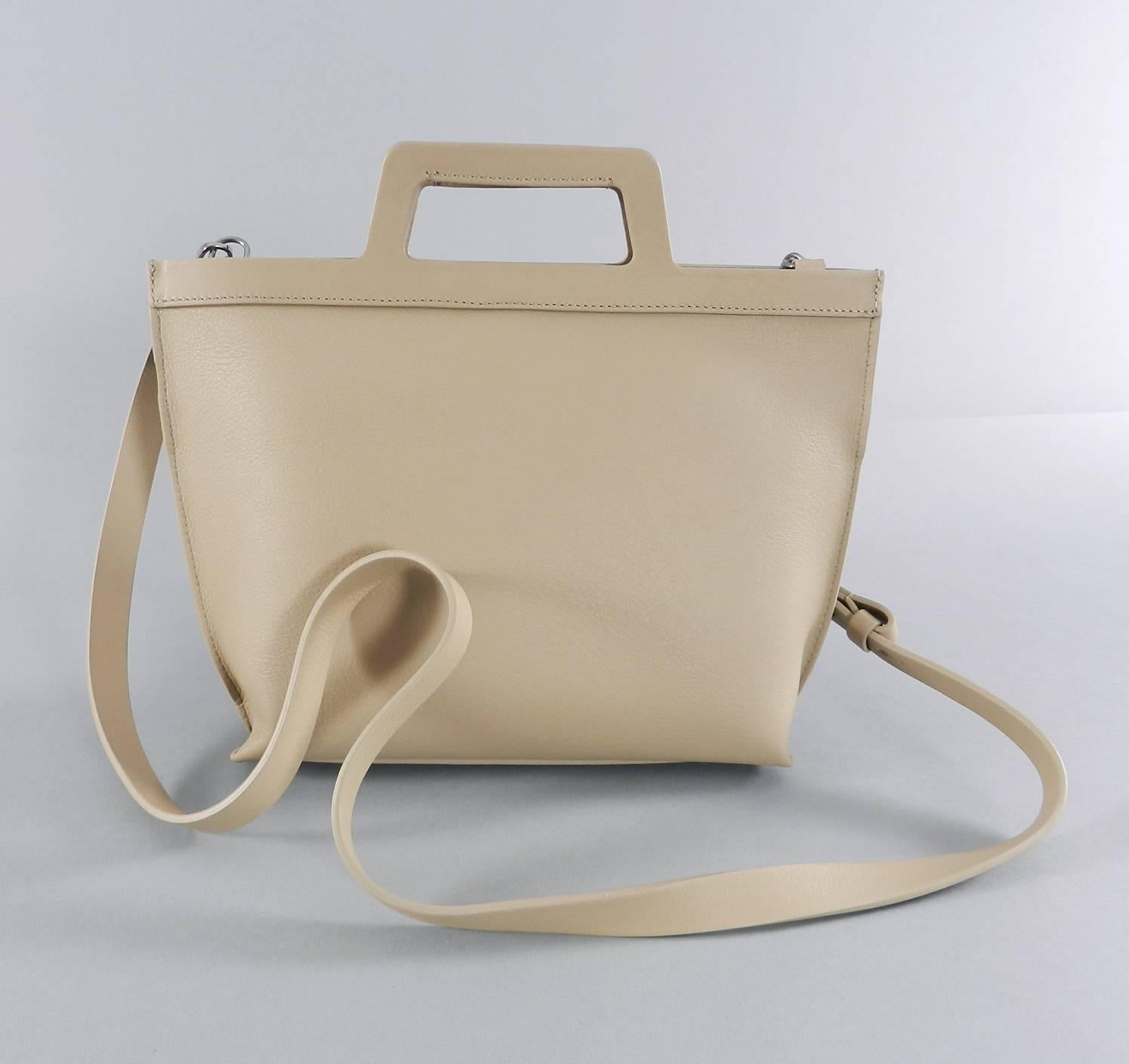 Brunello Cucinelli Beige Leather Bag with Silver Beaded Chain Detail.  Body of bag measures about 12