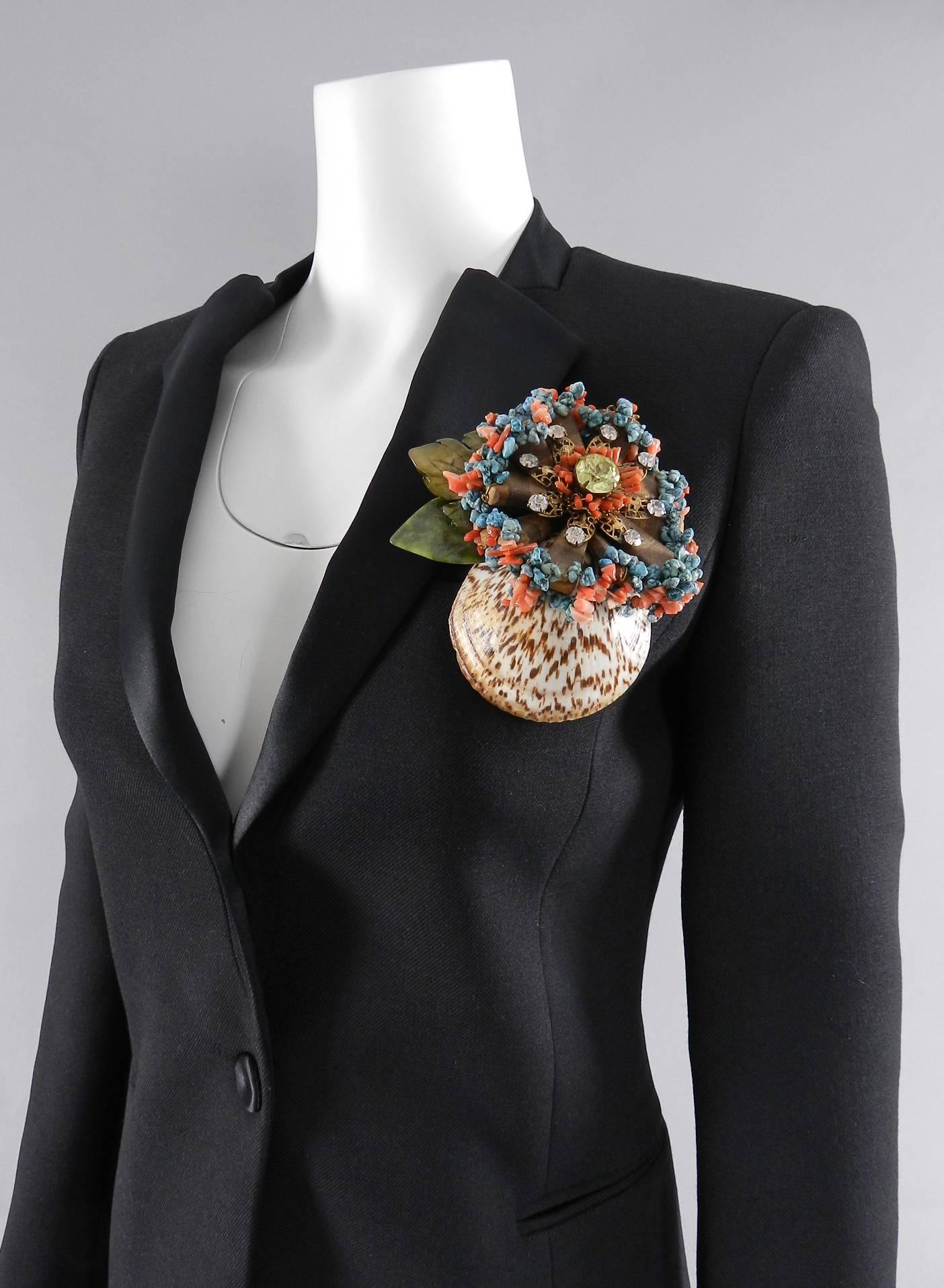 Lawrence VRBA Large Statement Brooch.  Wired cluster design with seashell, turquoise, coral, wood, and crystal rhinestones.  Excellent pre-owned condition.  Measures 4.75