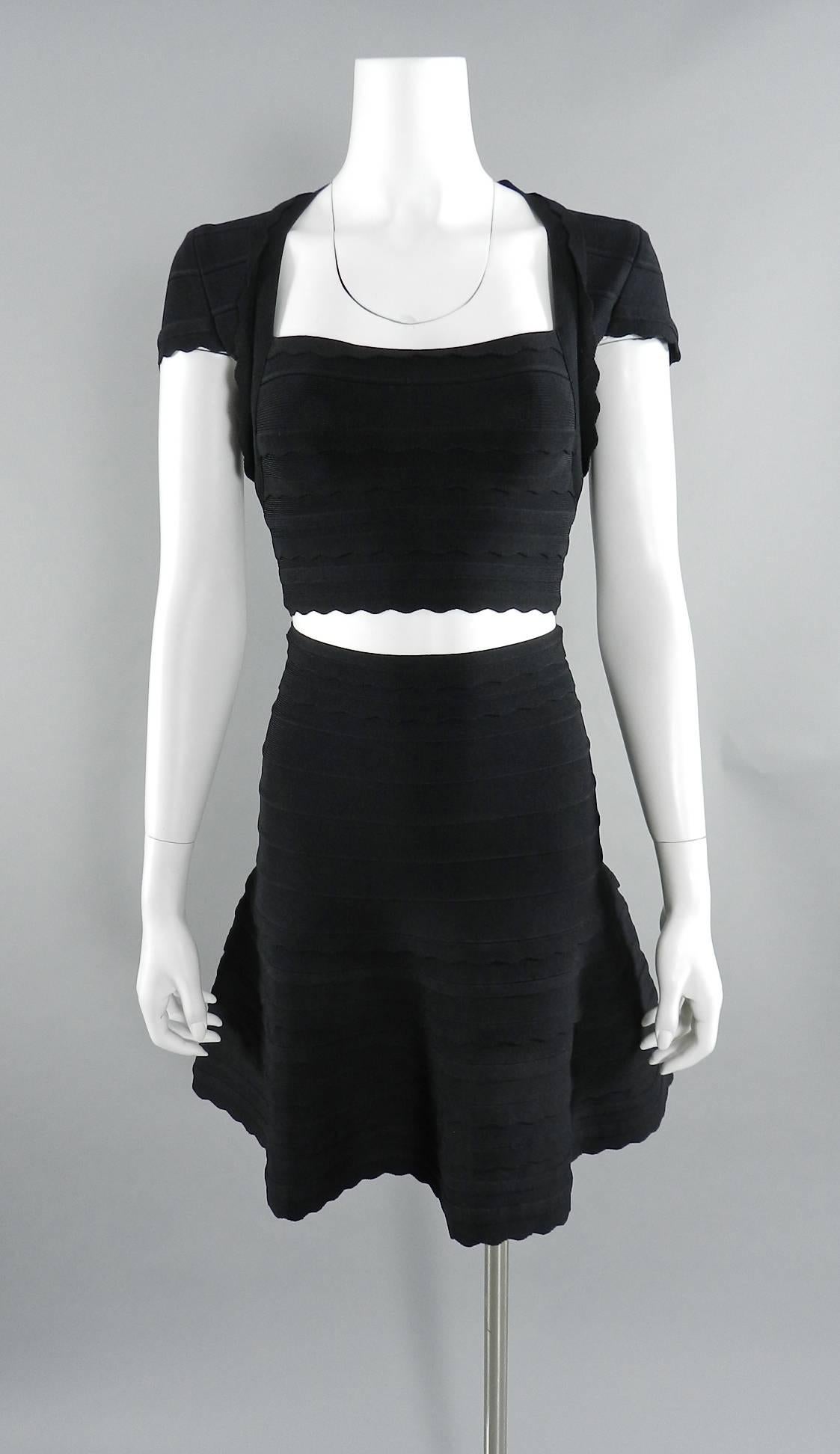 Black Herve Leger 2pc Crop Bodycon Fit and Flare Skirt and Top