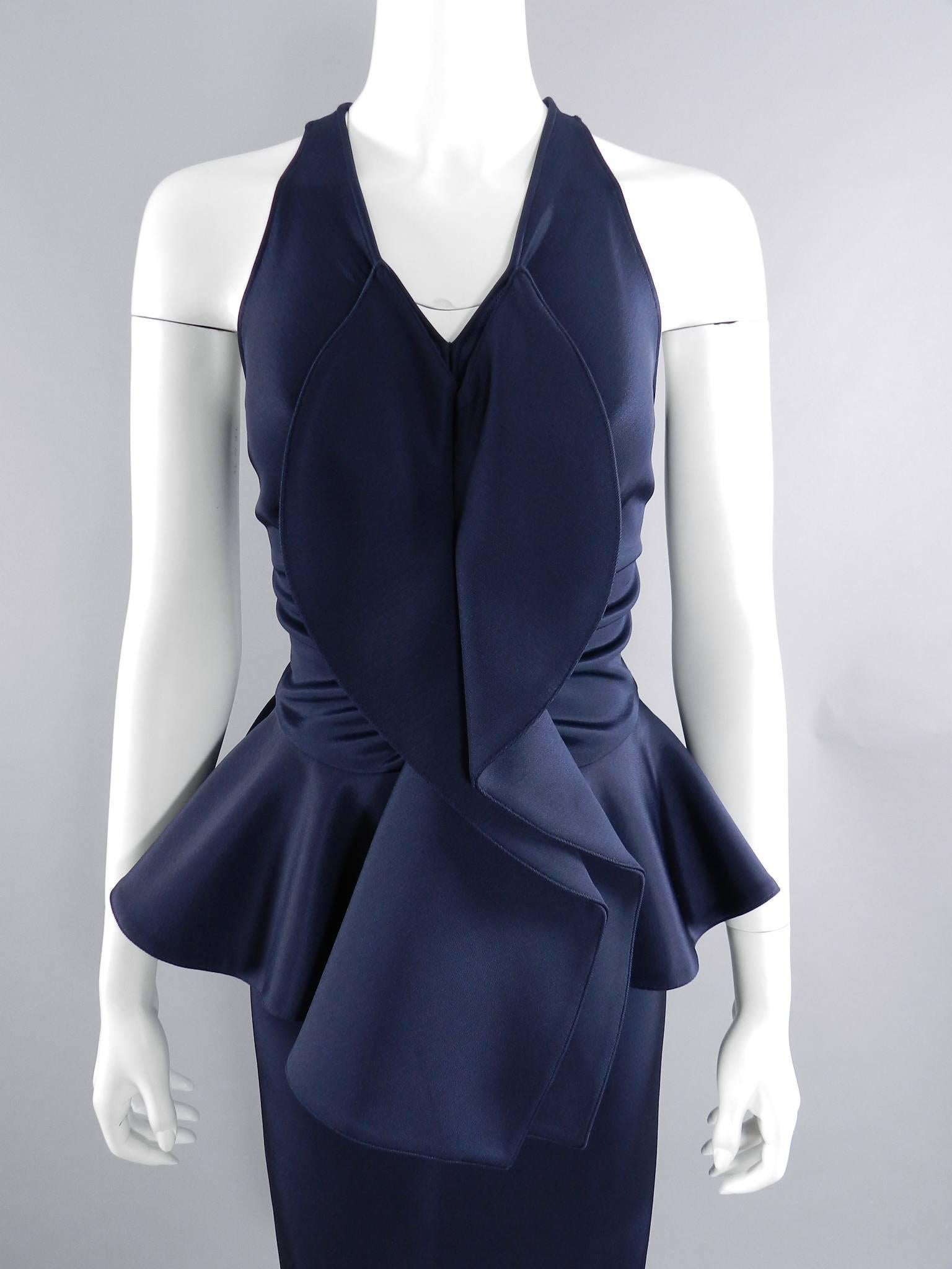 Givenchy Navy Stretch Dress with Ruffle Peplum In Excellent Condition In Toronto, ON