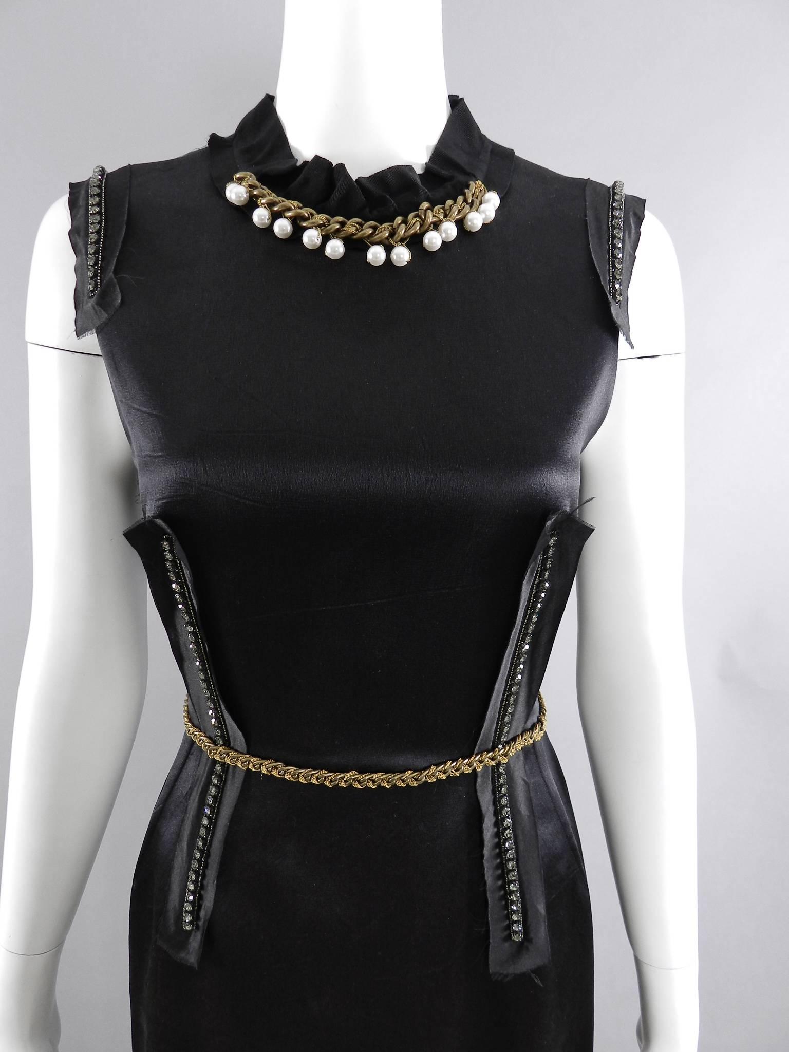 Lanvin Black Satin Cocktail Dress with Pearls and Chains In Excellent Condition In Toronto, ON