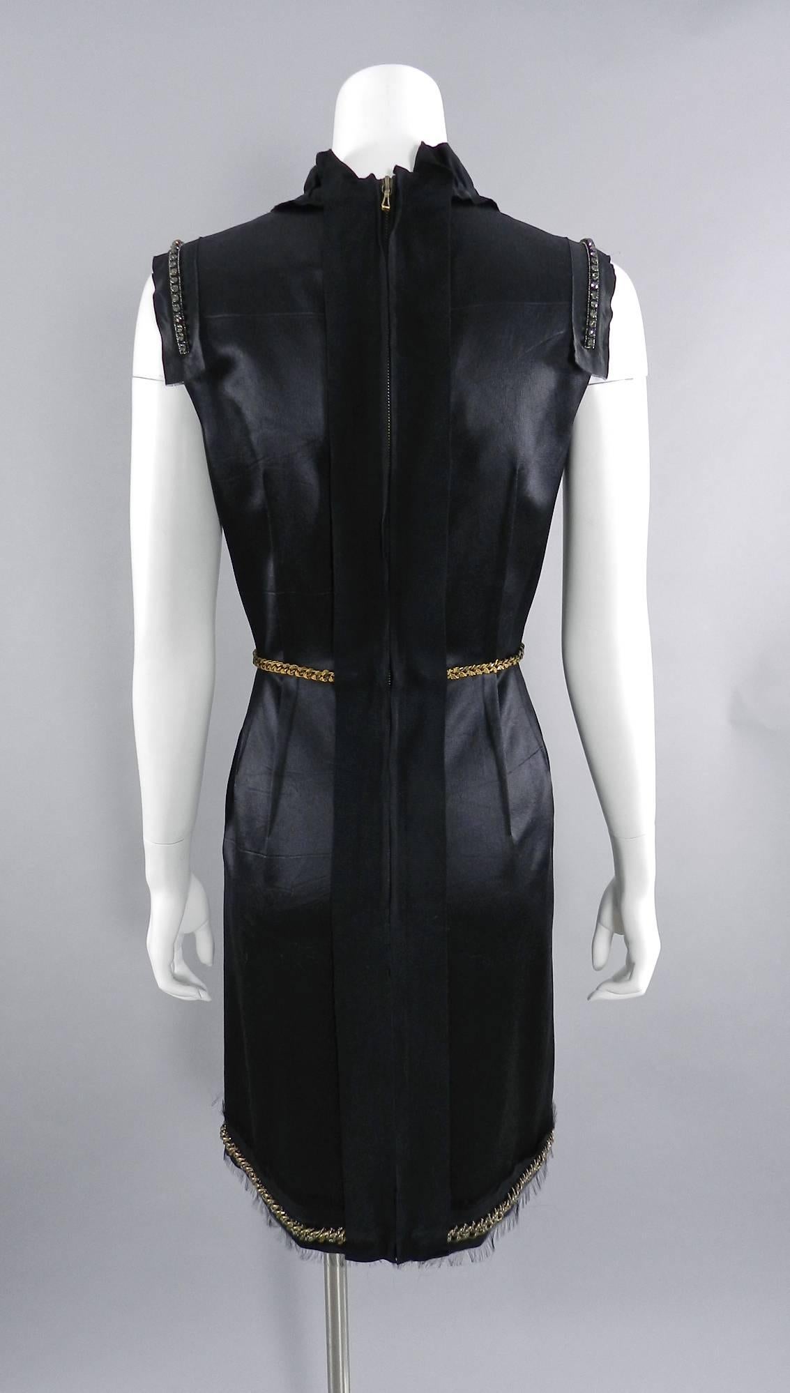 Women's Lanvin Black Satin Cocktail Dress with Pearls and Chains