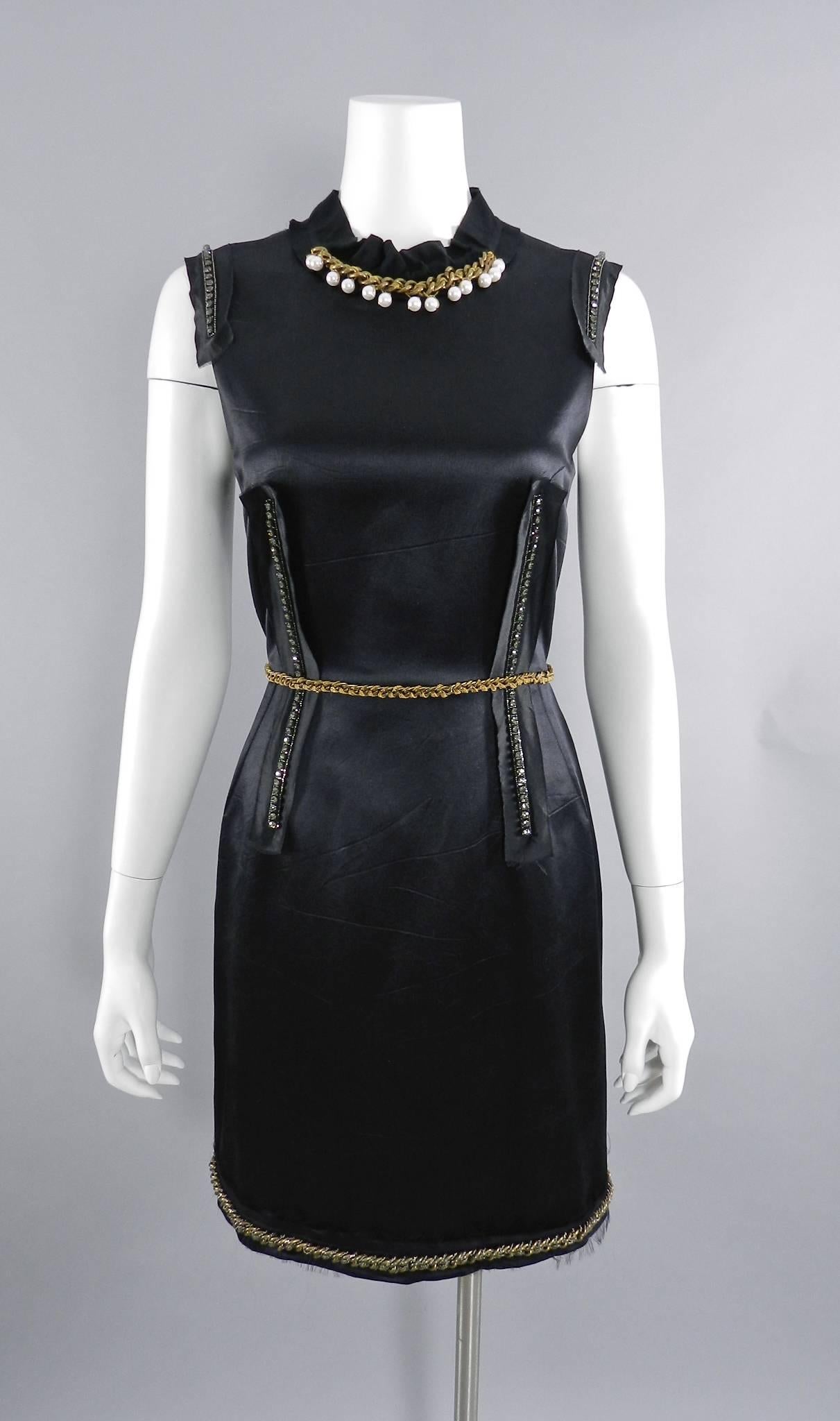 Lanvin Black Satin Cocktail Dress with Pearls and Chains 4