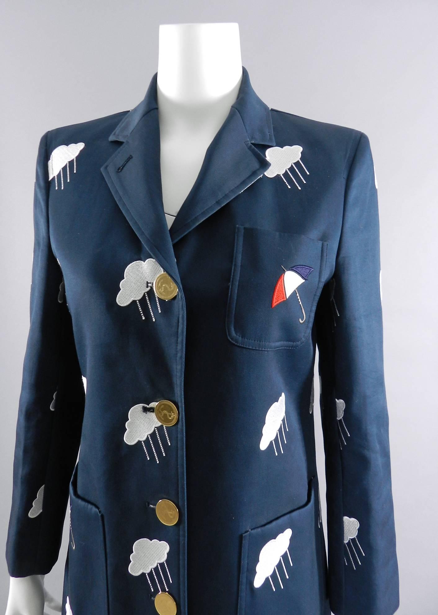 Black Thom Browne Navy Embroidered Coat with Umbrellas and Clouds