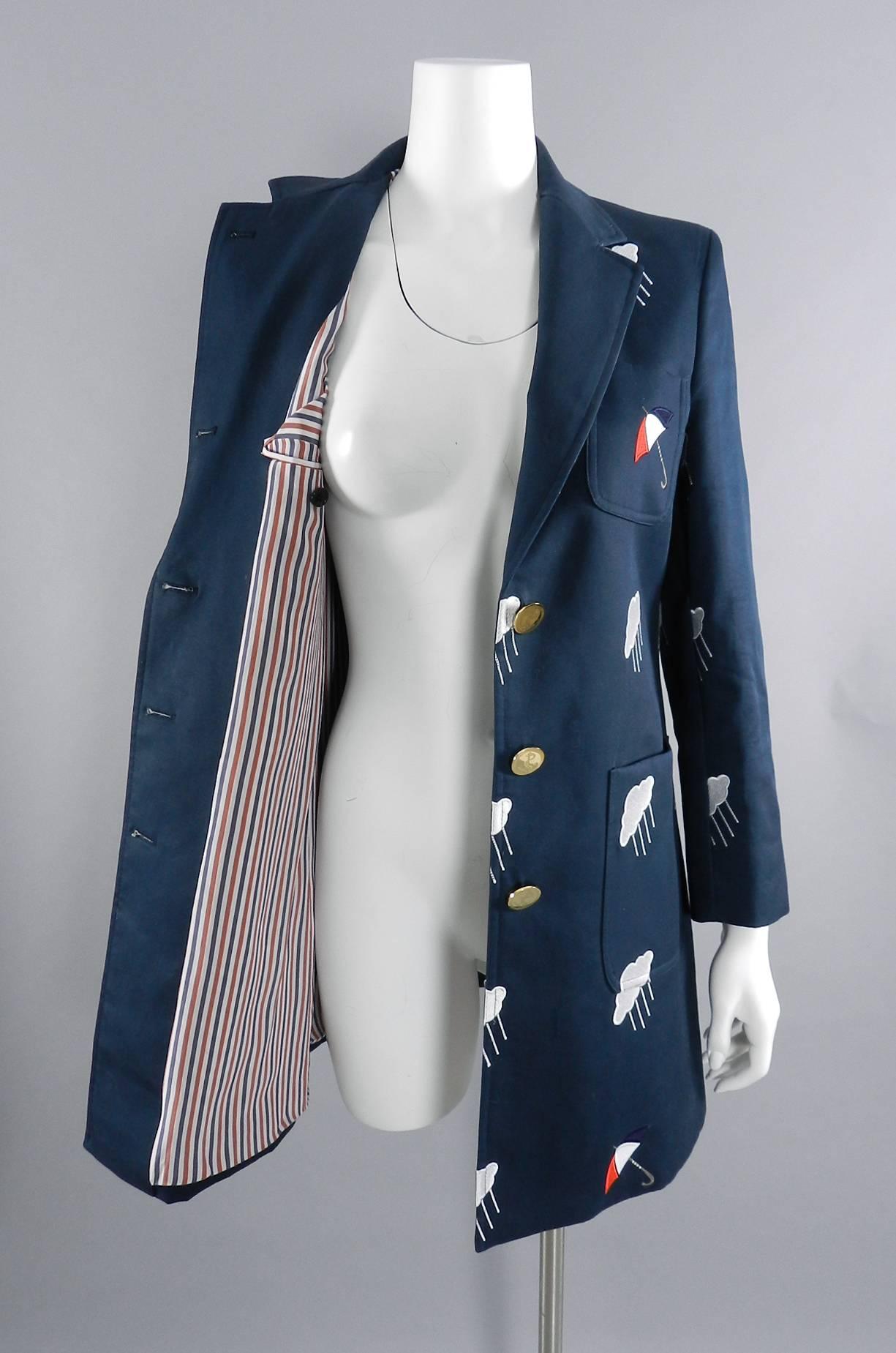 Thom Browne Navy Embroidered Coat with Umbrellas and Clouds In Excellent Condition In Toronto, ON
