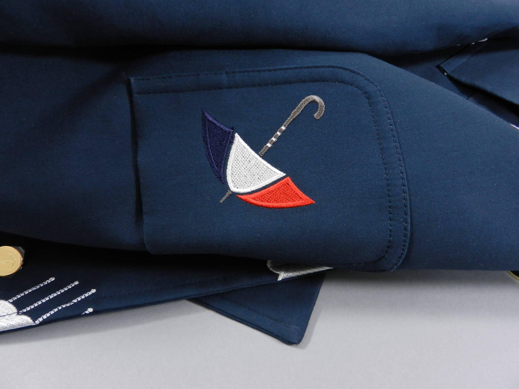 Thom Browne Navy Embroidered Coat with Umbrellas and Clouds 1