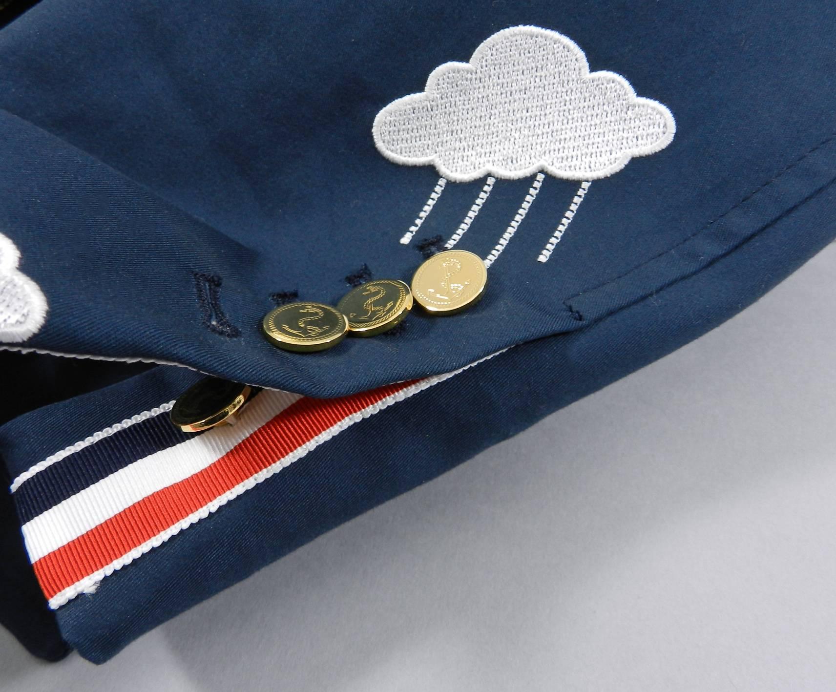 Thom Browne Navy Embroidered Coat with Umbrellas and Clouds 2