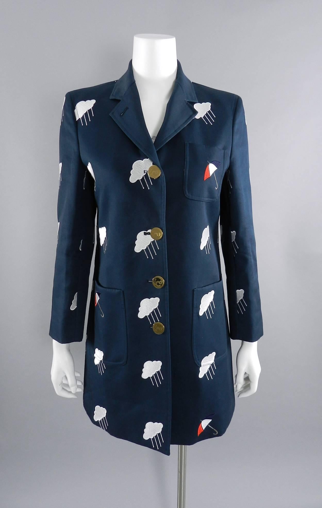Thom Browne Navy Embroidered Coat with Umbrellas and Clouds 4