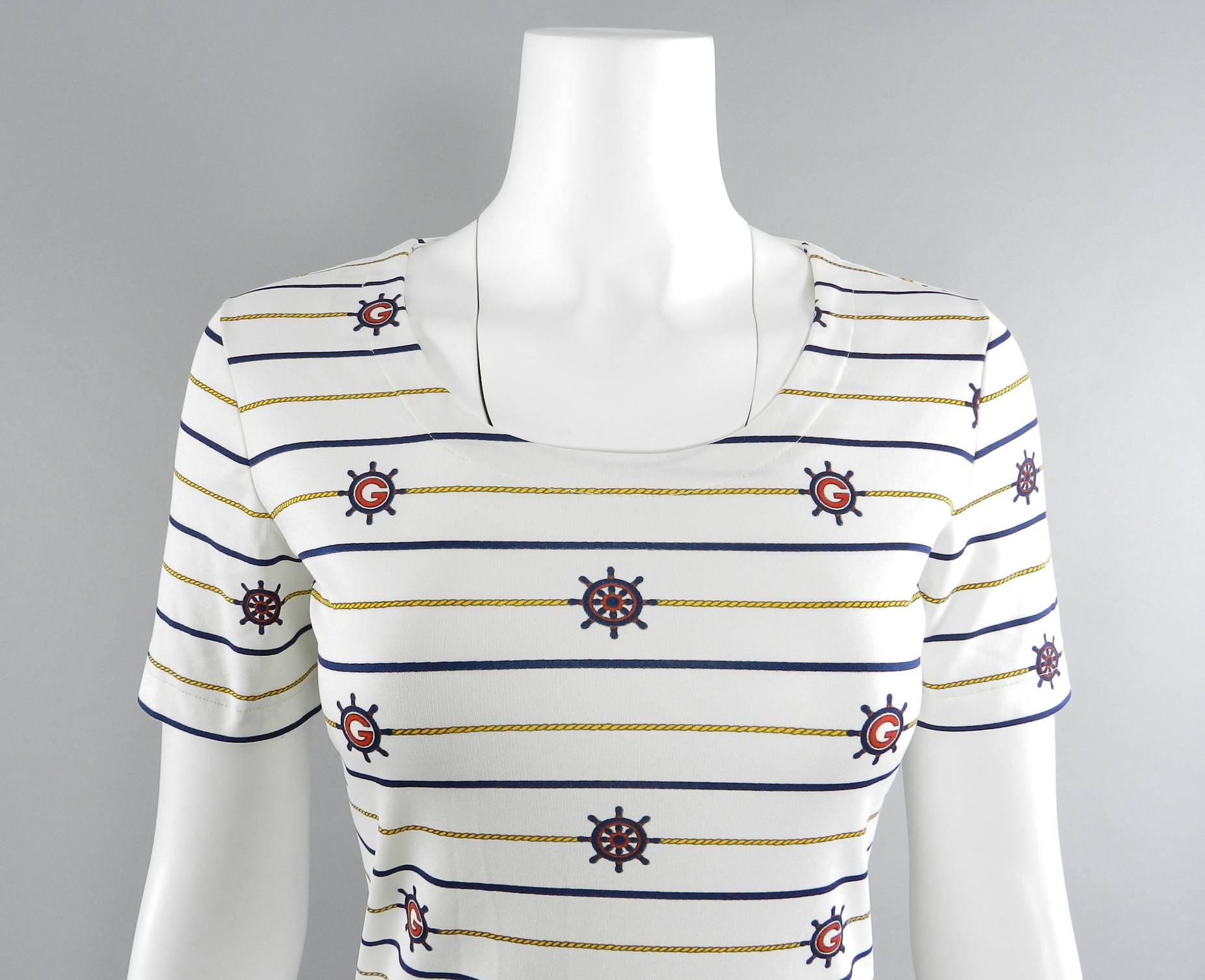 Vintage 1970's Gucci nautical themed white dress. Polyester stretch jersey fabric. Size USA 8. Bust to fit 34-36