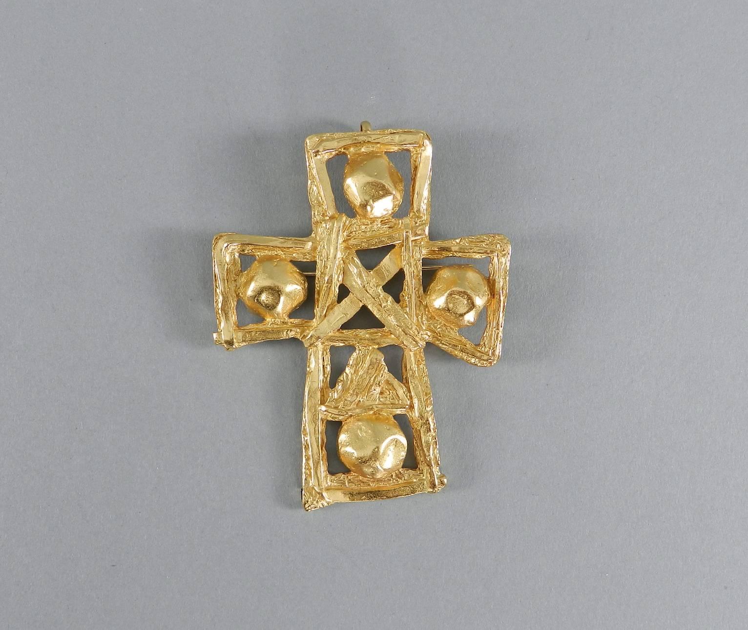 Vintage 1990's Christian Lacroix Large Matte Gold Cross Pin Pendant 1