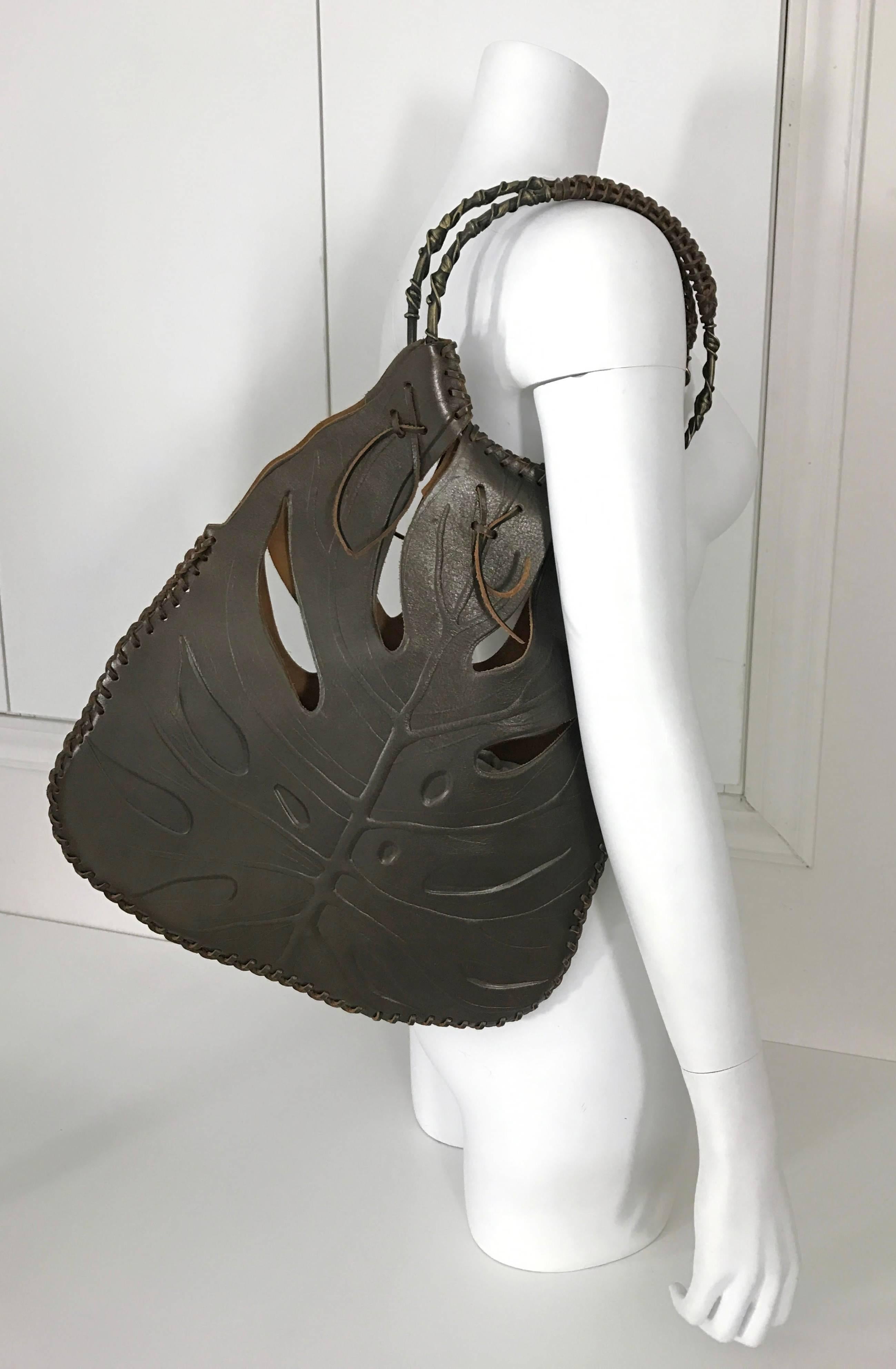 Black Valentino Brown Jungle Leaf Leather Bag with Metal Rings