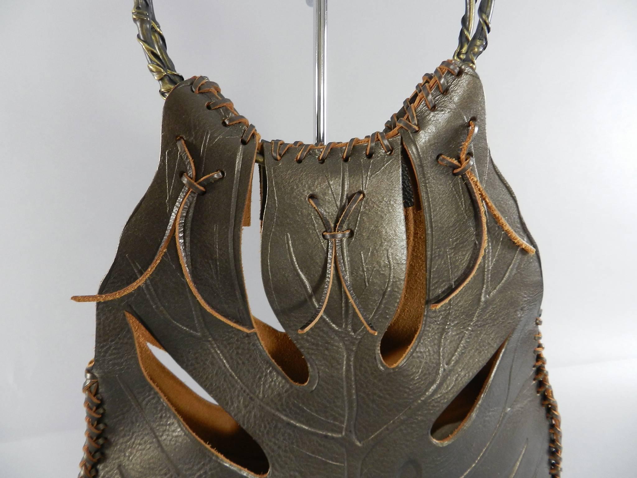 Valentino Brown Jungle Leaf Leather Bag with Metal Rings In Excellent Condition In Toronto, ON