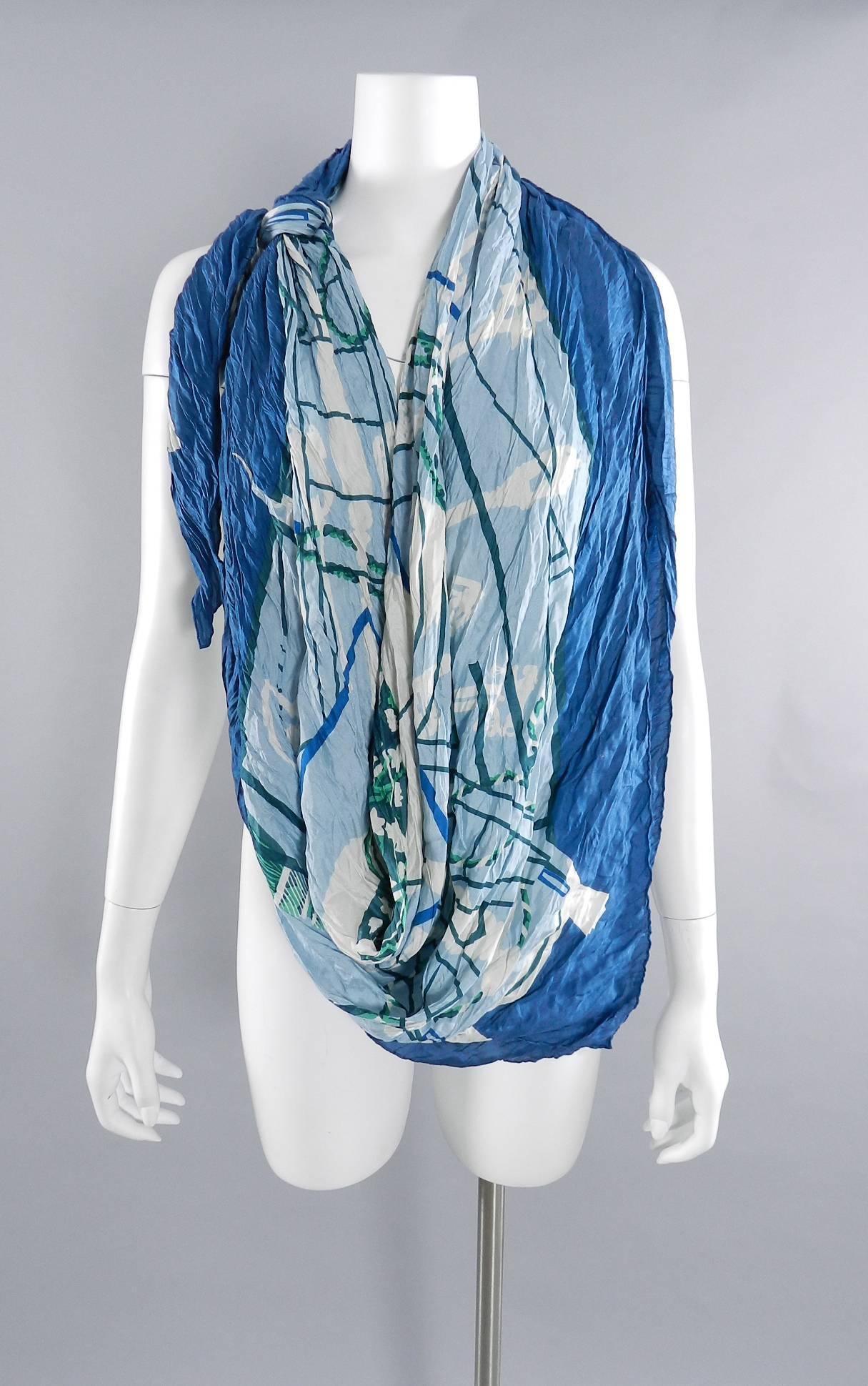 Blue Hermes 140cm blue silk twill wrinkle shawl scarf