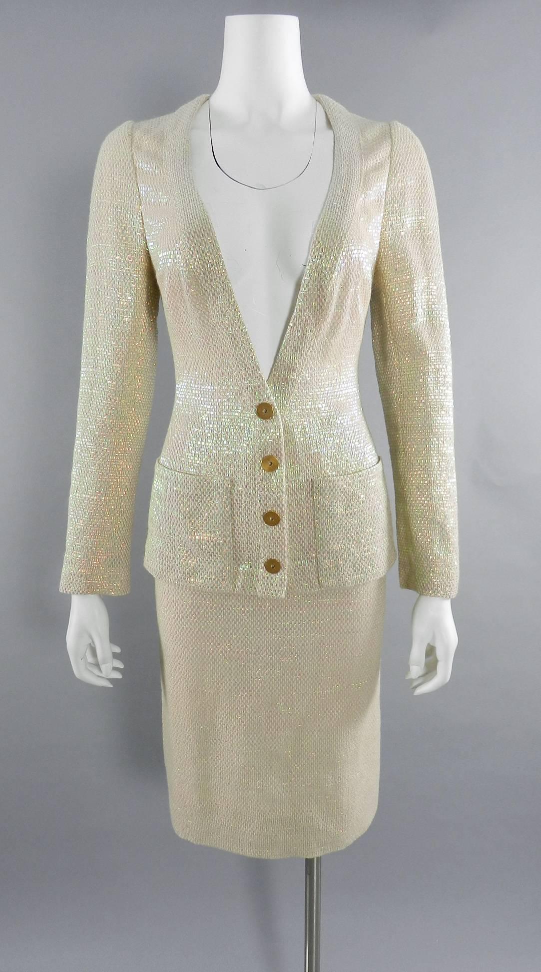 Beige Chanel Spring 1999 Haute Couture Runway Shimmer Suit