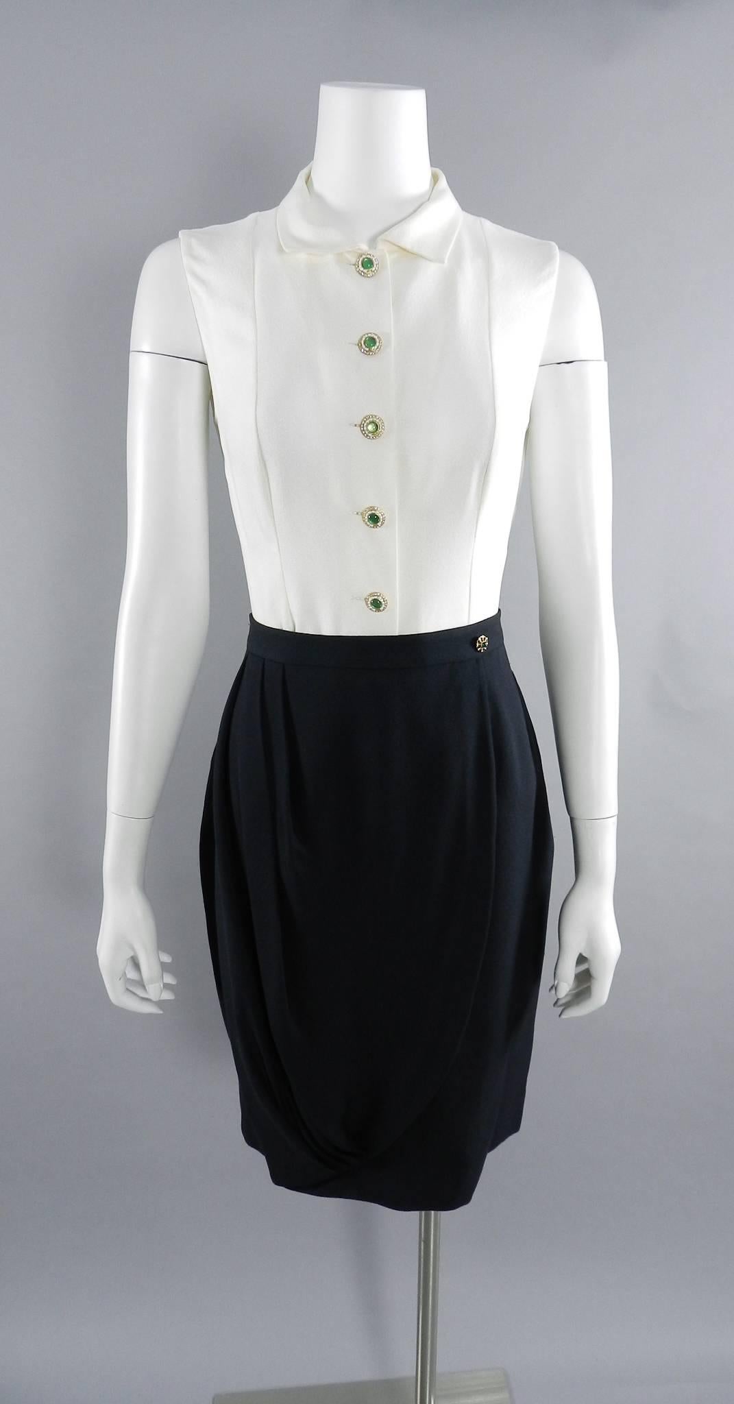 Chanel pre-fall 2012 Bombay Black Suit with Silk Blouse Green Jewelled Buttons In Excellent Condition In Toronto, ON