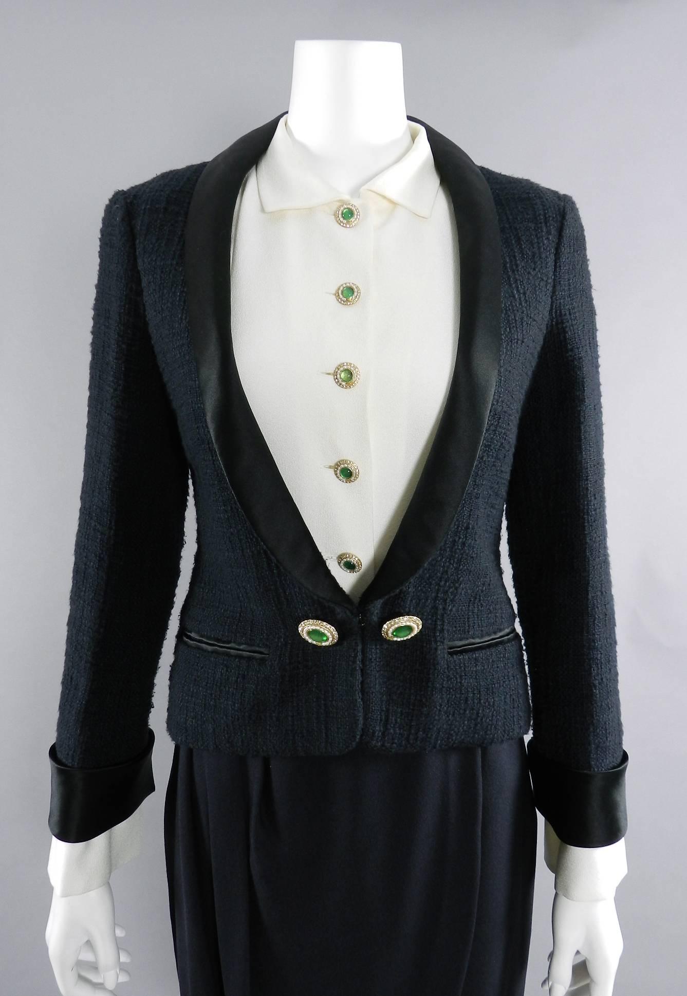 Women's Chanel pre-fall 2012 Bombay Black Suit with Silk Blouse Green Jewelled Buttons