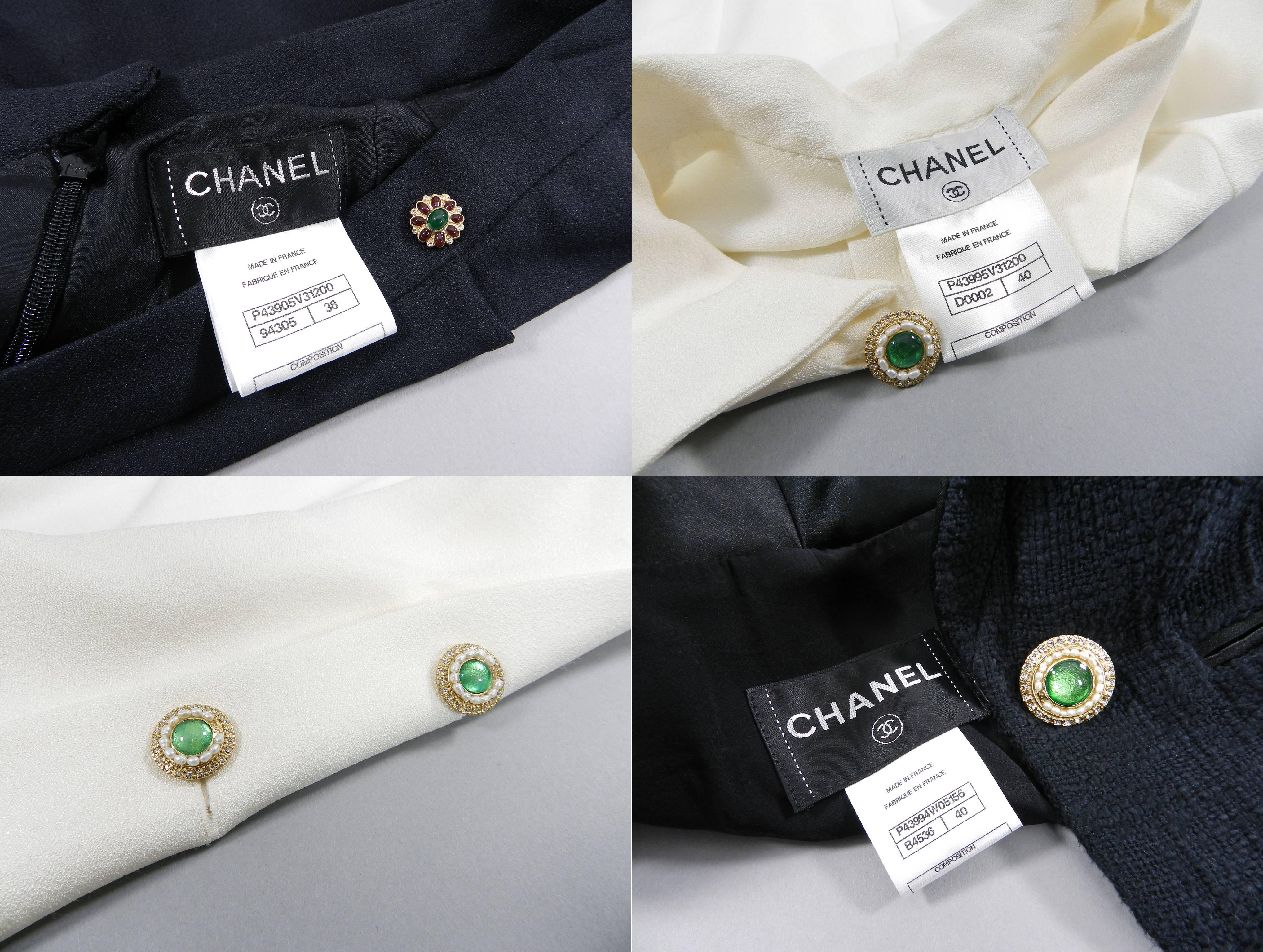 Chanel pre-fall 2012 Bombay Black Suit with Silk Blouse Green Jewelled Buttons 6
