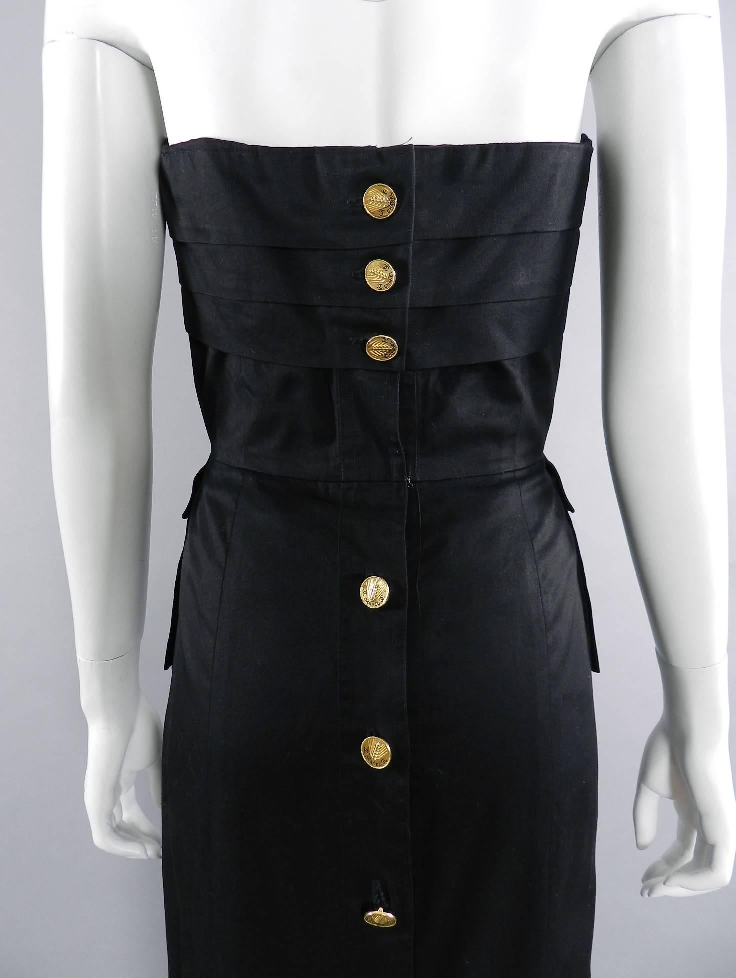 Chanel Vintage 1987 Black Strapless Cotton Dress with Wheat Buttons In Excellent Condition In Toronto, ON