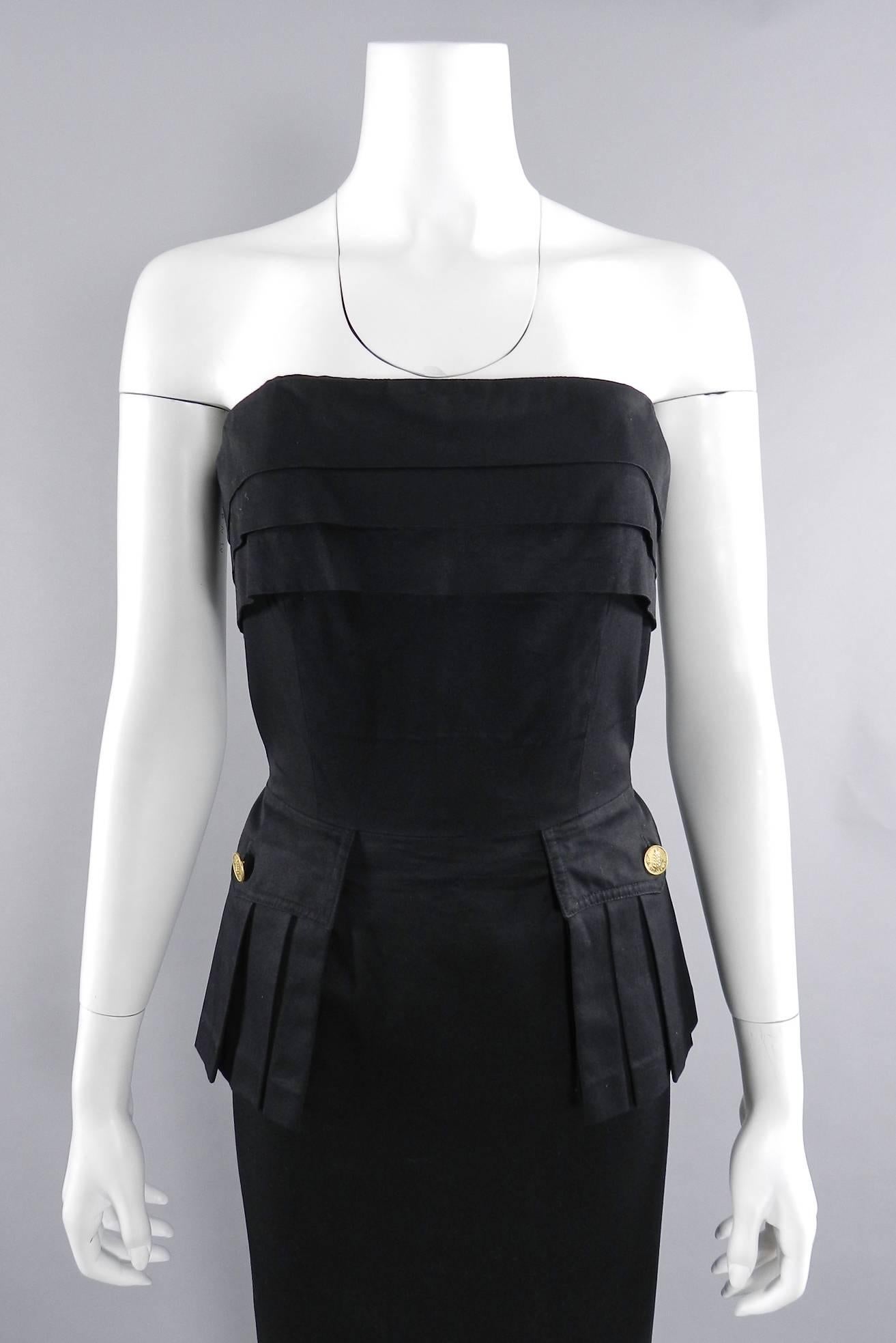 Women's Chanel Vintage 1987 Black Strapless Cotton Dress with Wheat Buttons