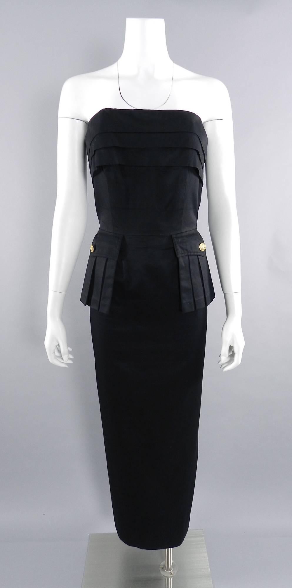 Chanel Vintage 1987 Black Strapless Cotton Dress with Wheat Buttons 4