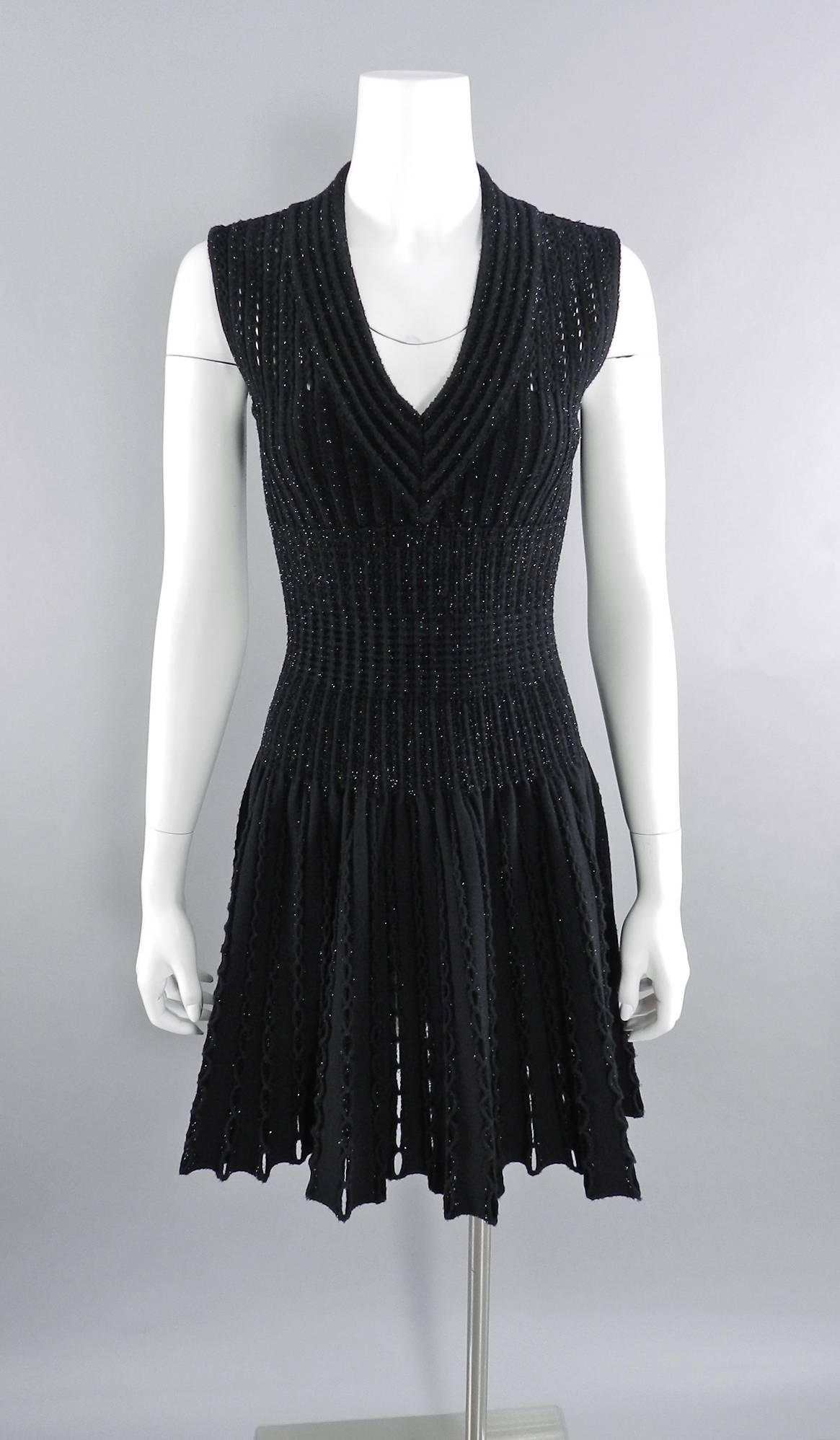 Alaia Black Knit Fit and Flare Cocktail Dress with Shimmer  In Excellent Condition In Toronto, ON