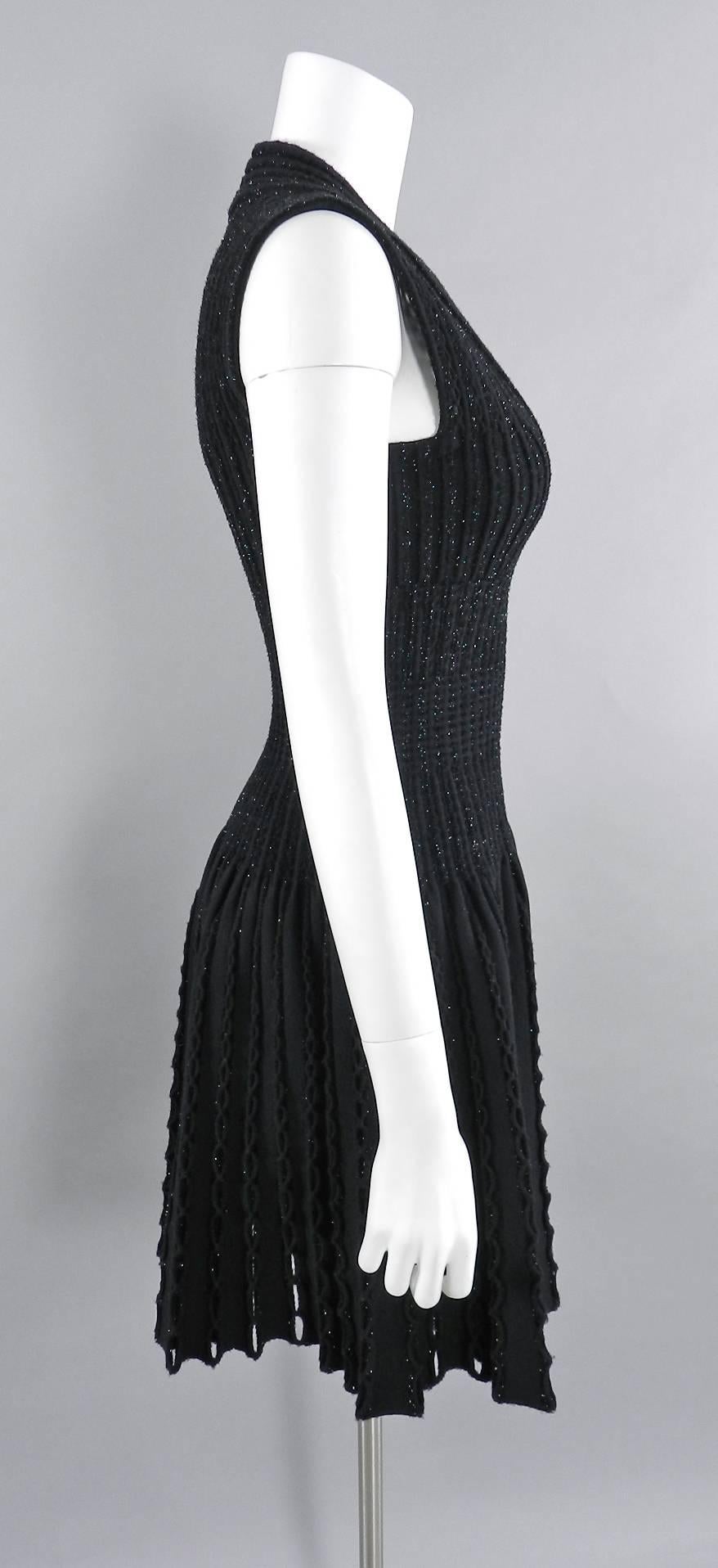 Alaia Black Knit Fit and Flare Cocktail Dress with Shimmer  1
