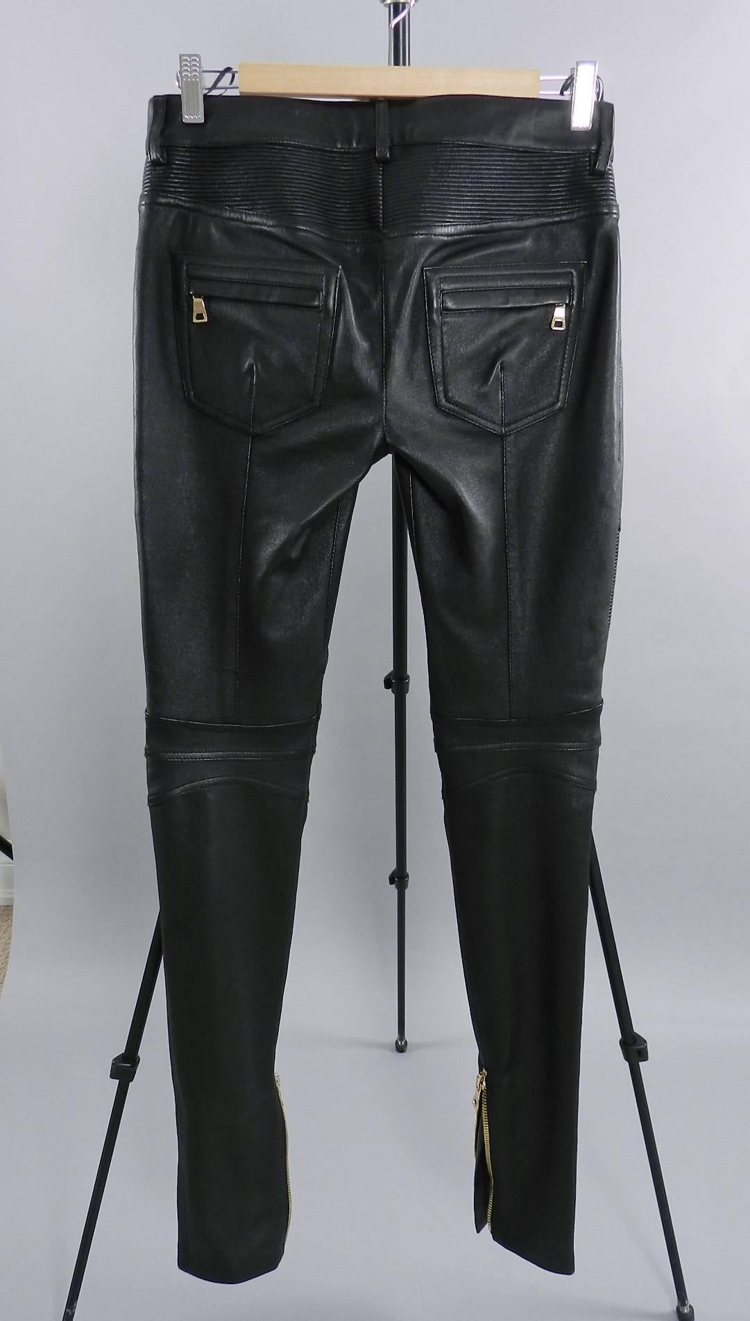 Balmain Black Leather Biker Motorcycle Skinny Jeans / Pants In Excellent Condition In Toronto, ON