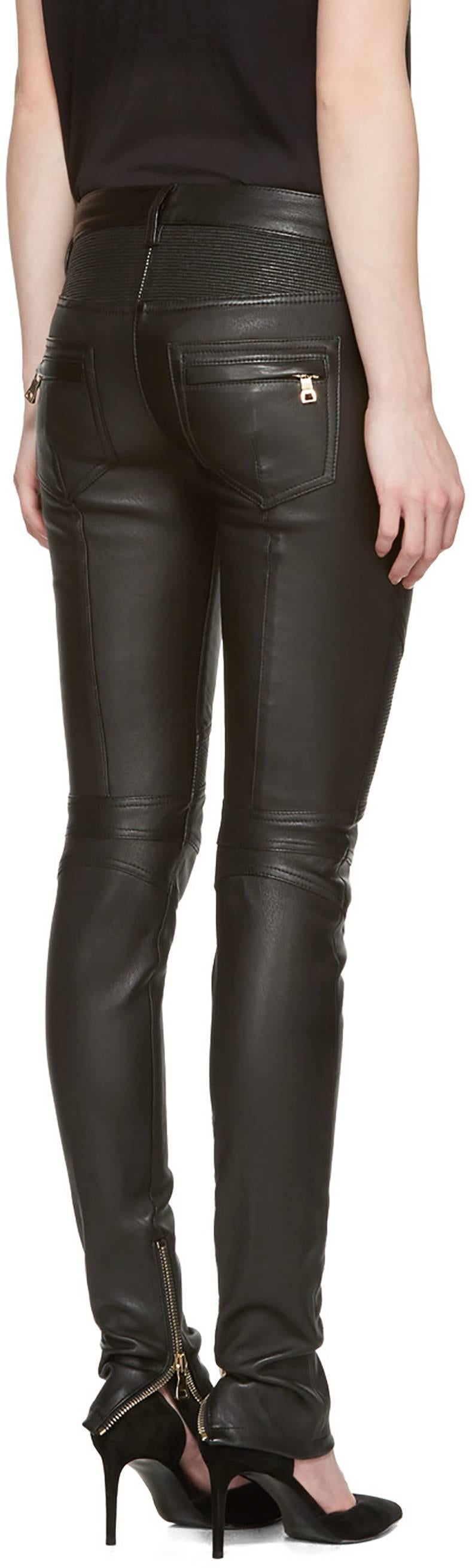 Women's Balmain Black Leather Biker Motorcycle Skinny Jeans / Pants