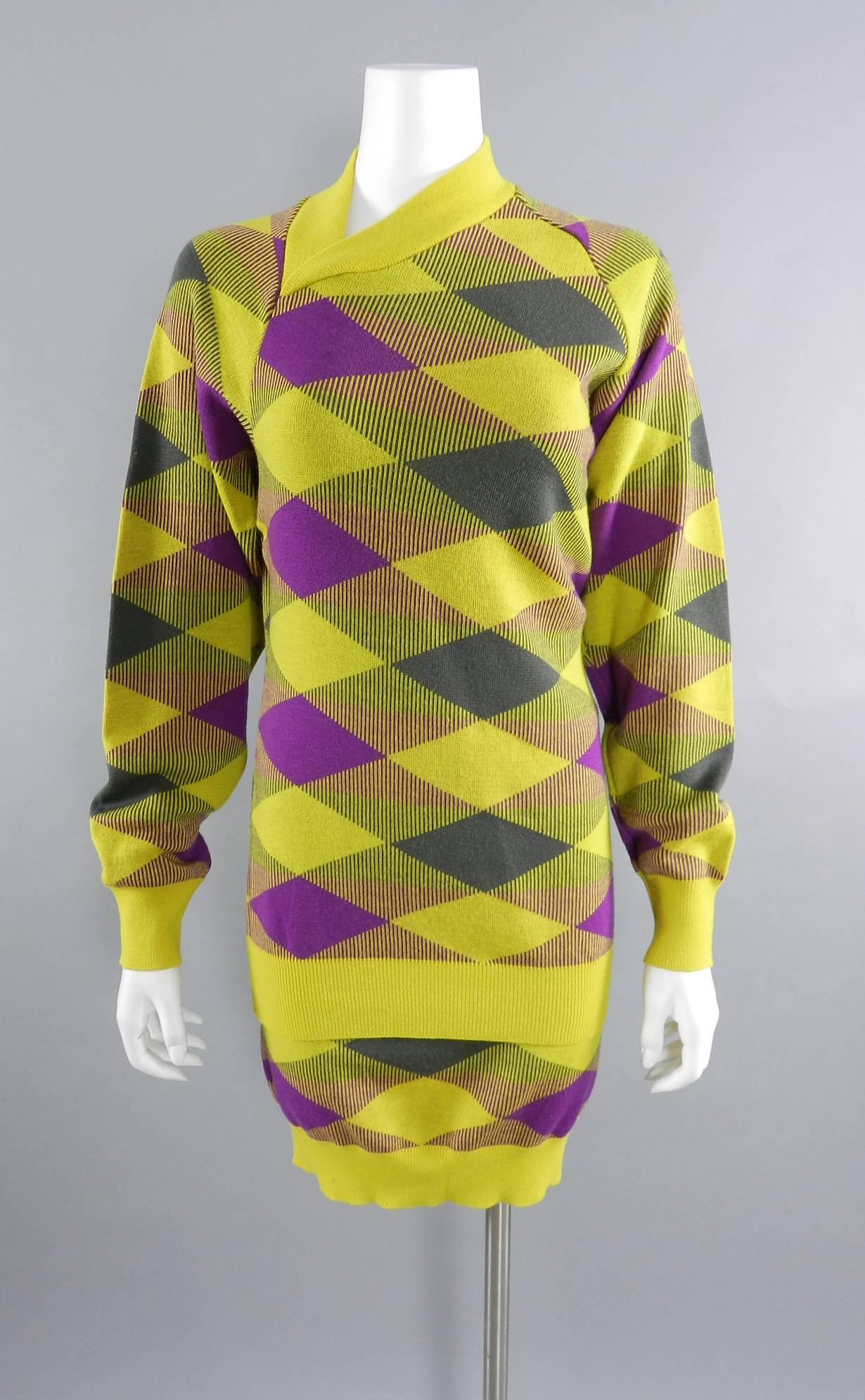 Issey Miyake 1980s Yellow and Purple Sweater and Skirt Set 3