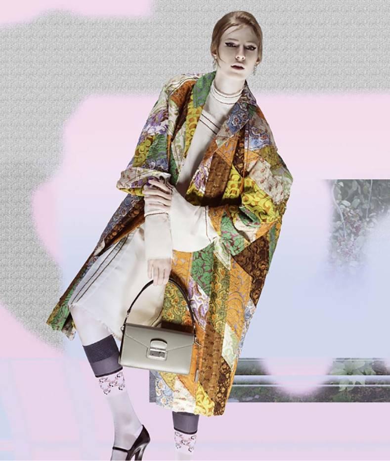 Prada Spring 2015 Runway and ad campaign Patchwork Dinner Coat.  Worn open in the front with no closures, folded up cuffs, and relaxed full body. Garment is tagged size IT 44 (USA 8 but can fit a USA 10).  Garment meausures 46