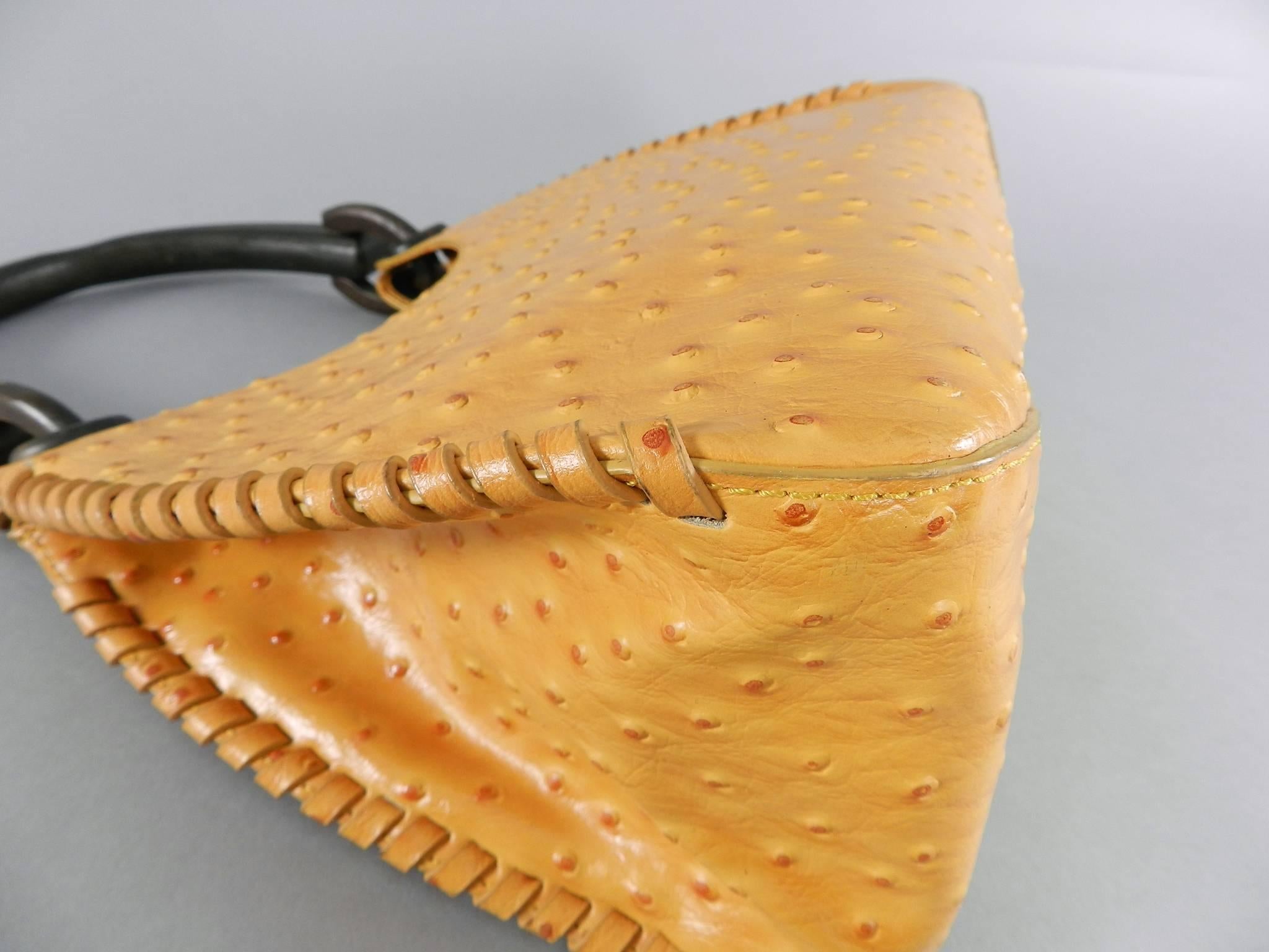 Orange Gucci Ostrich Whipstitch Bag with Wood Handle