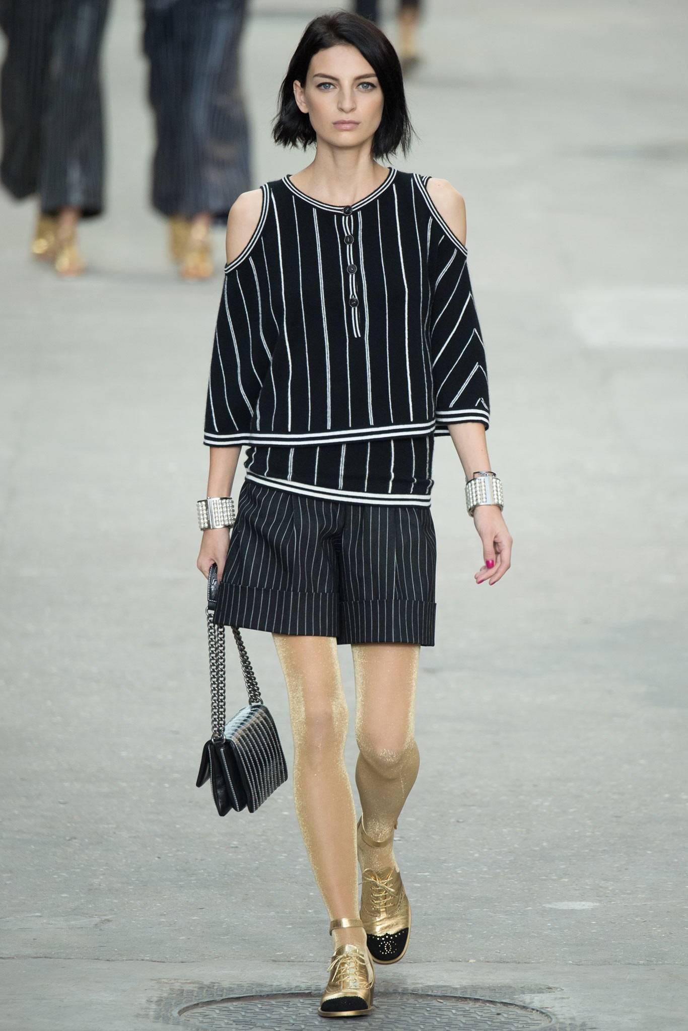 Chanel 2015 spring runway black and white striped cashmere 2pc tank and top.  Fitted long tank top with cold shoulder design crop top. 100% cashmere. Tank is tagged size FR 38 and top FR 38/40. Best for 34/35