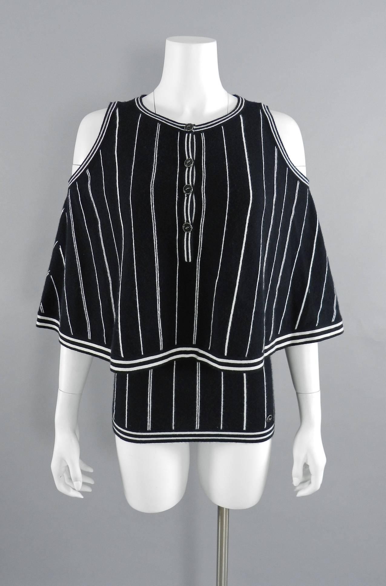 Chanel 15P Black and White stripe Cashmere 2pc Tank and Top In Excellent Condition In Toronto, ON