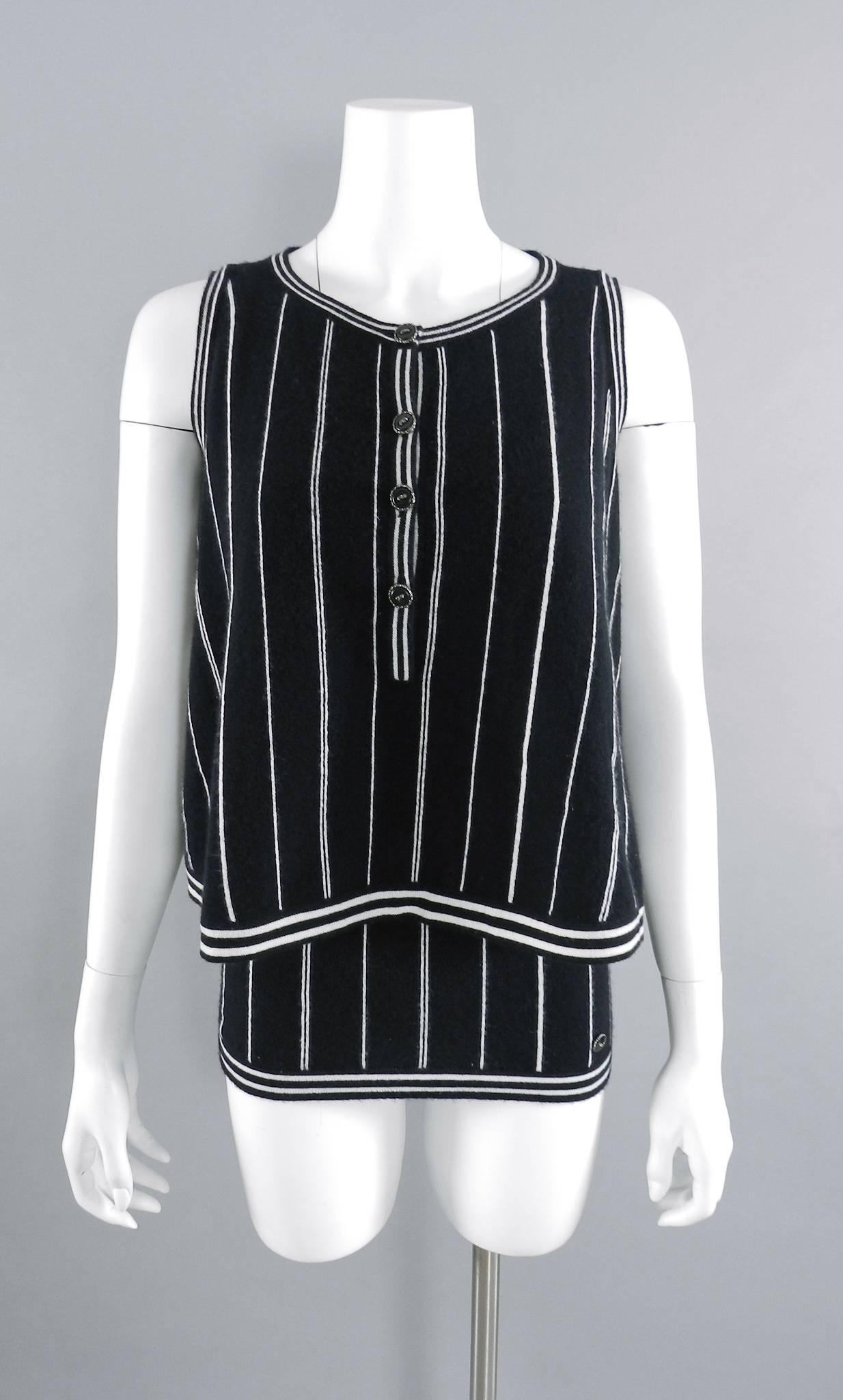 Women's Chanel 15P Black and White stripe Cashmere 2pc Tank and Top