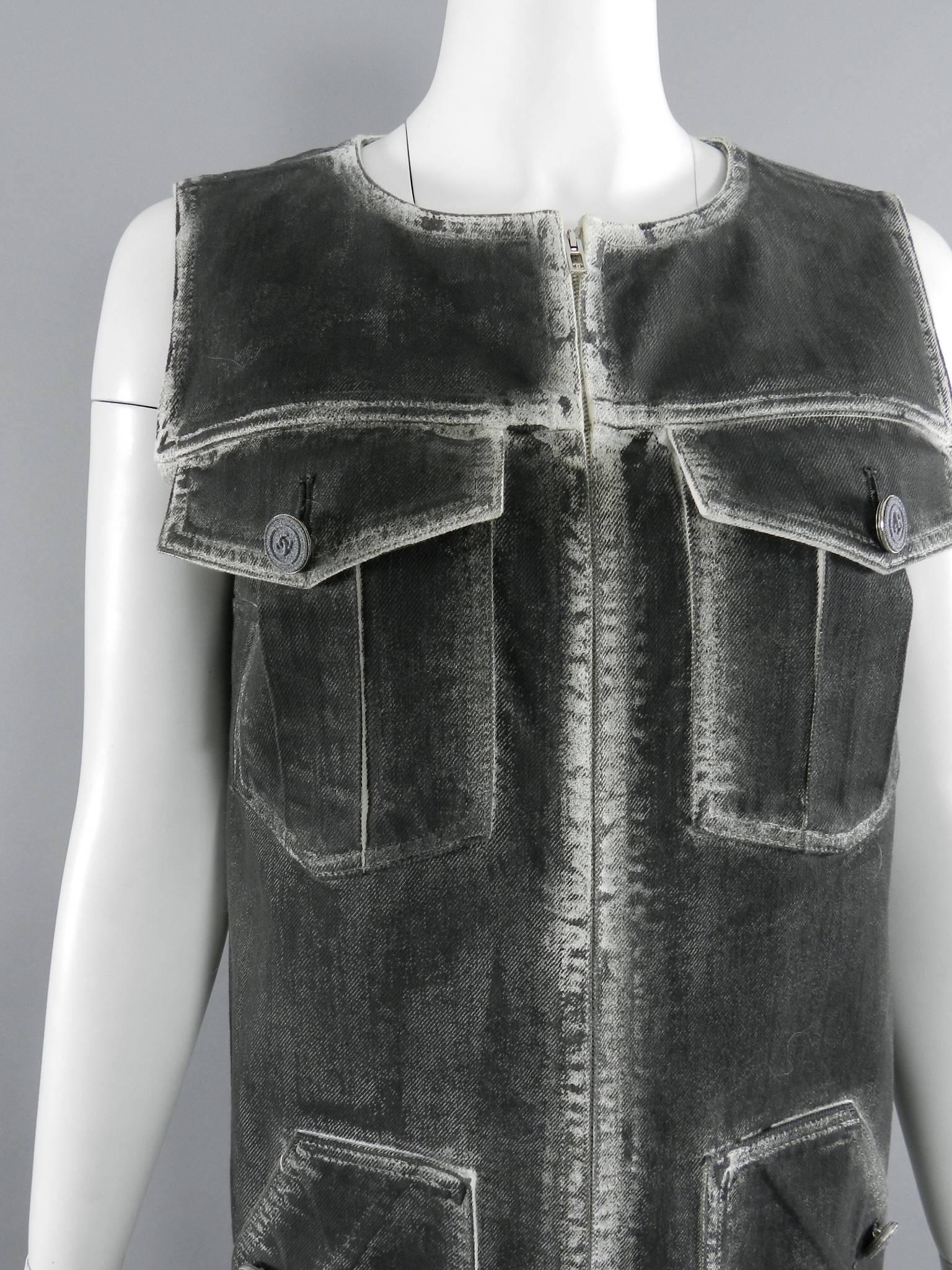 Black Chanel 14S Runway Grey Distressed Denim Vest