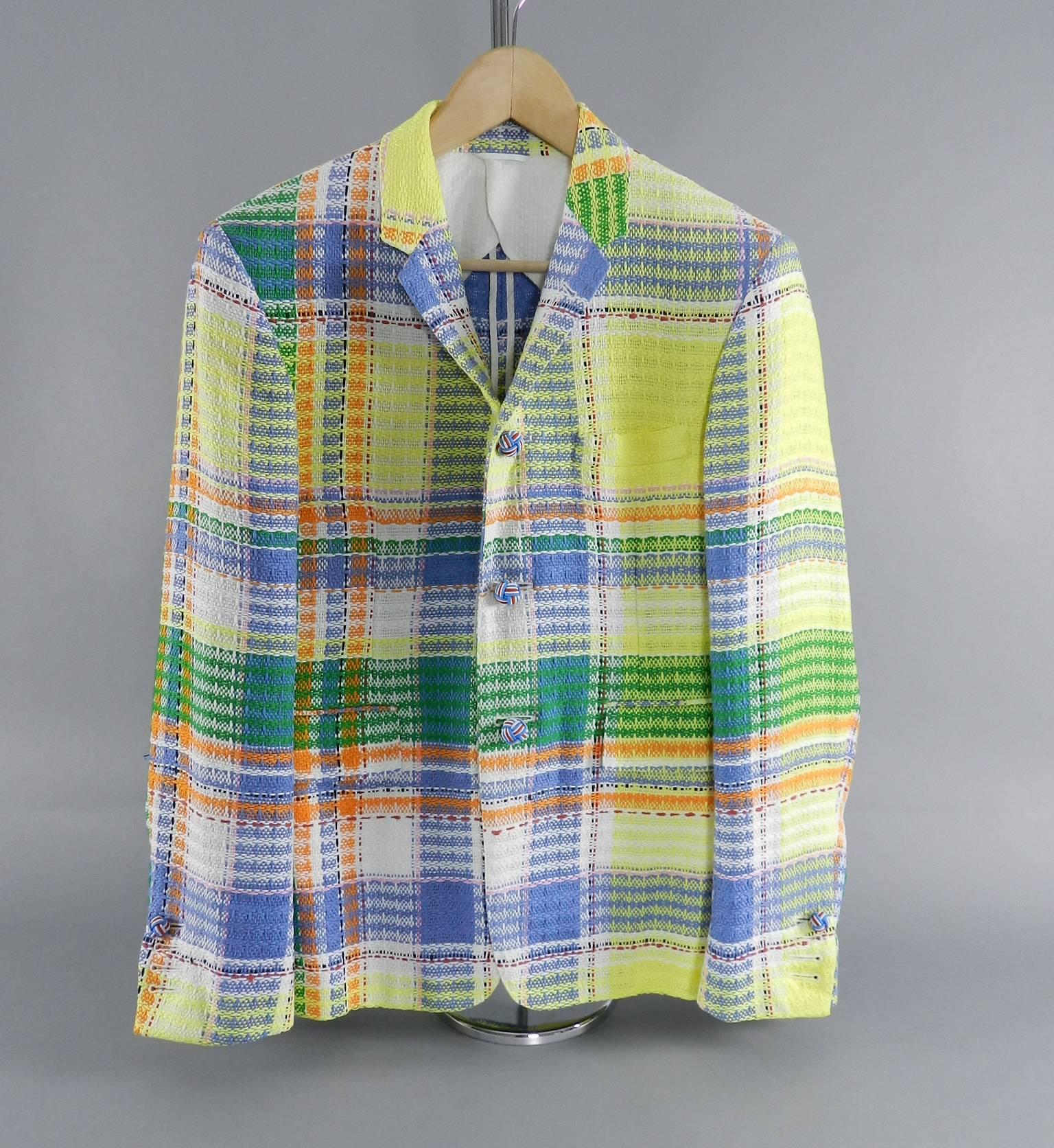 THOM BROWNE Spring 2013 Runway Yellow and Blue Madras Cotton Blazer / Jacket.  Excellent pre-owned - Clean interior and exterior. Only worn once. Jacket fastens down front with 3 knotted buttons Can be worn with only 2 fastened and top undone if you