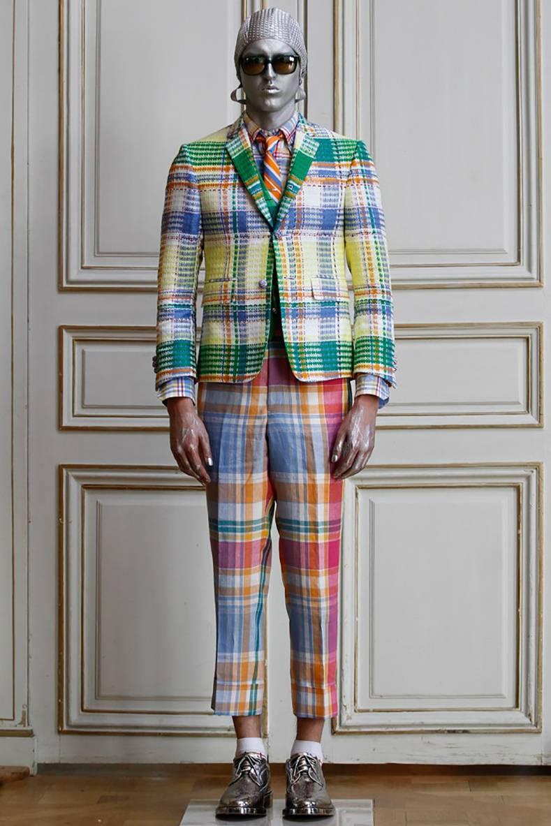 Gray Thom Browne Spring 2013 Runway Yellow and Blue Madras Jacket