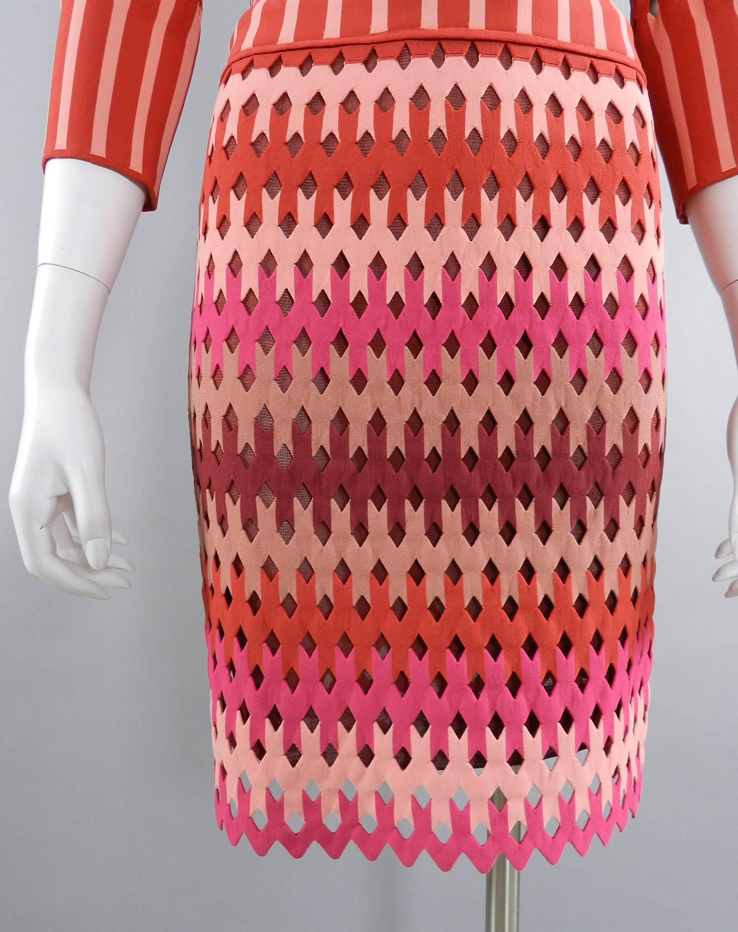 Pink ALAIA red and pink cut out diamonds bodycon stretch dress