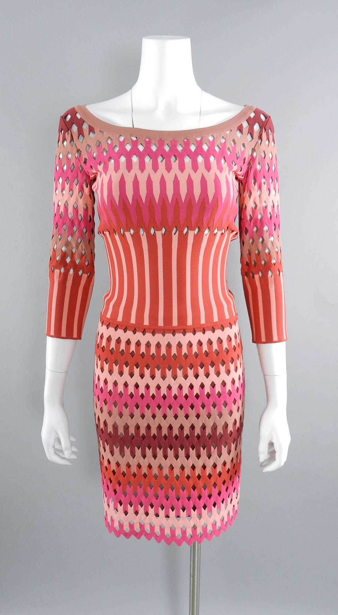 ALAIA red and pink cut out diamonds bodycon stretch dress 2