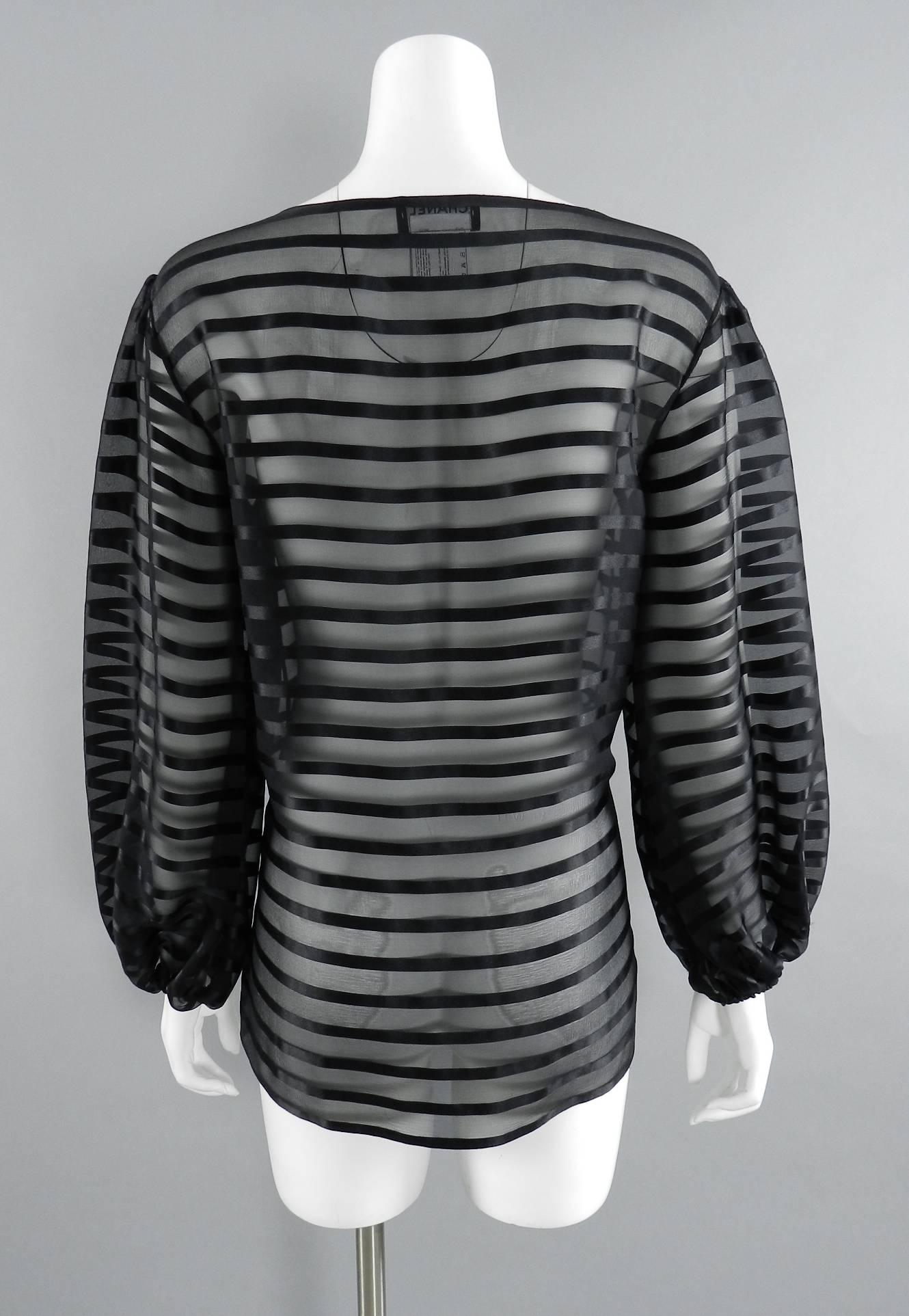 Chanel Sheer black striped blouse with full sleeves In Excellent Condition In Toronto, ON
