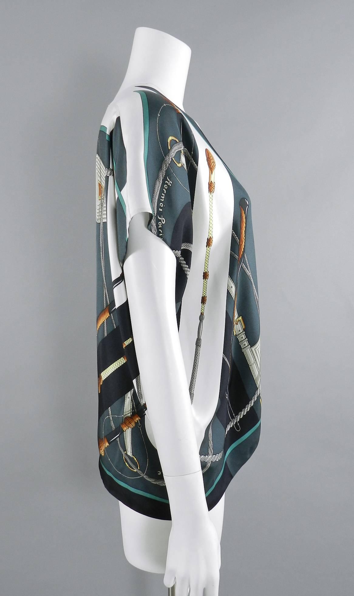 Hermes silk twill scarf top / shirt in dark green, black, and white.  Clic Clac design by Julia Abadie. Wrap style that fastens at front with a hidden button. Excellent clean, crisp pre-owned condition - worn once. Marked 