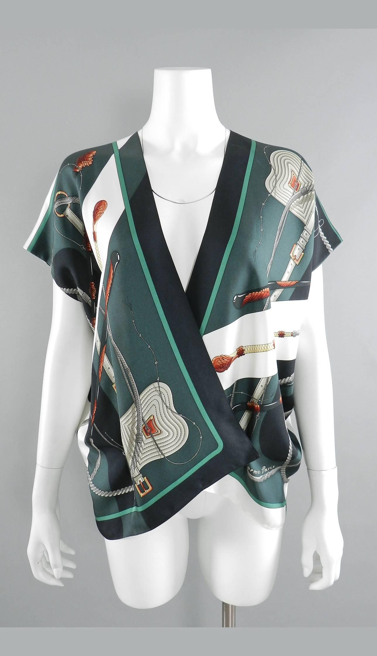 Hermes Clic Clac by Julia Abadie Green Silk Twill Scarf Blouse / Top In Excellent Condition In Toronto, ON