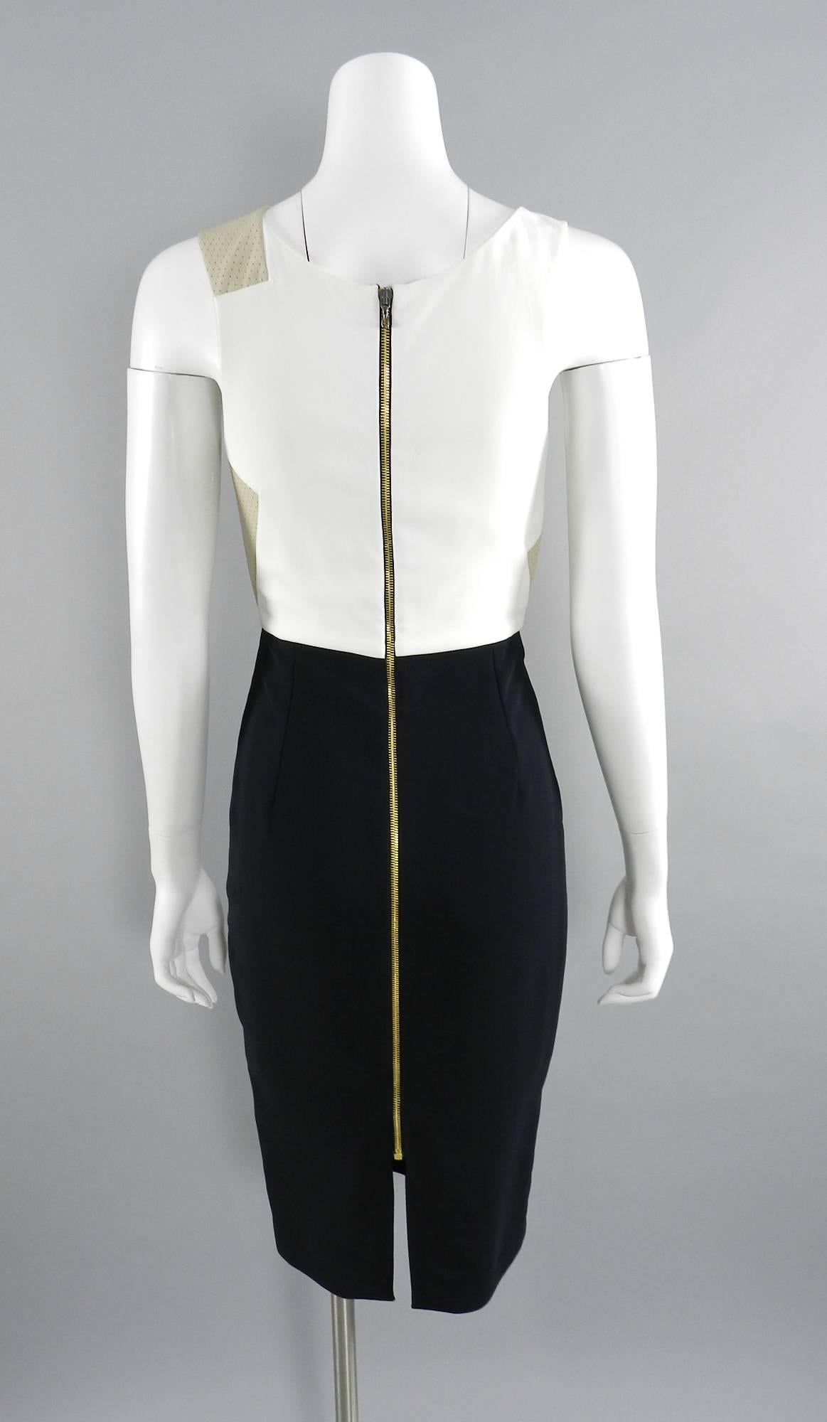 Roland Mouret Beige and Black Perforated Leather Wiggle Dress In Excellent Condition In Toronto, ON