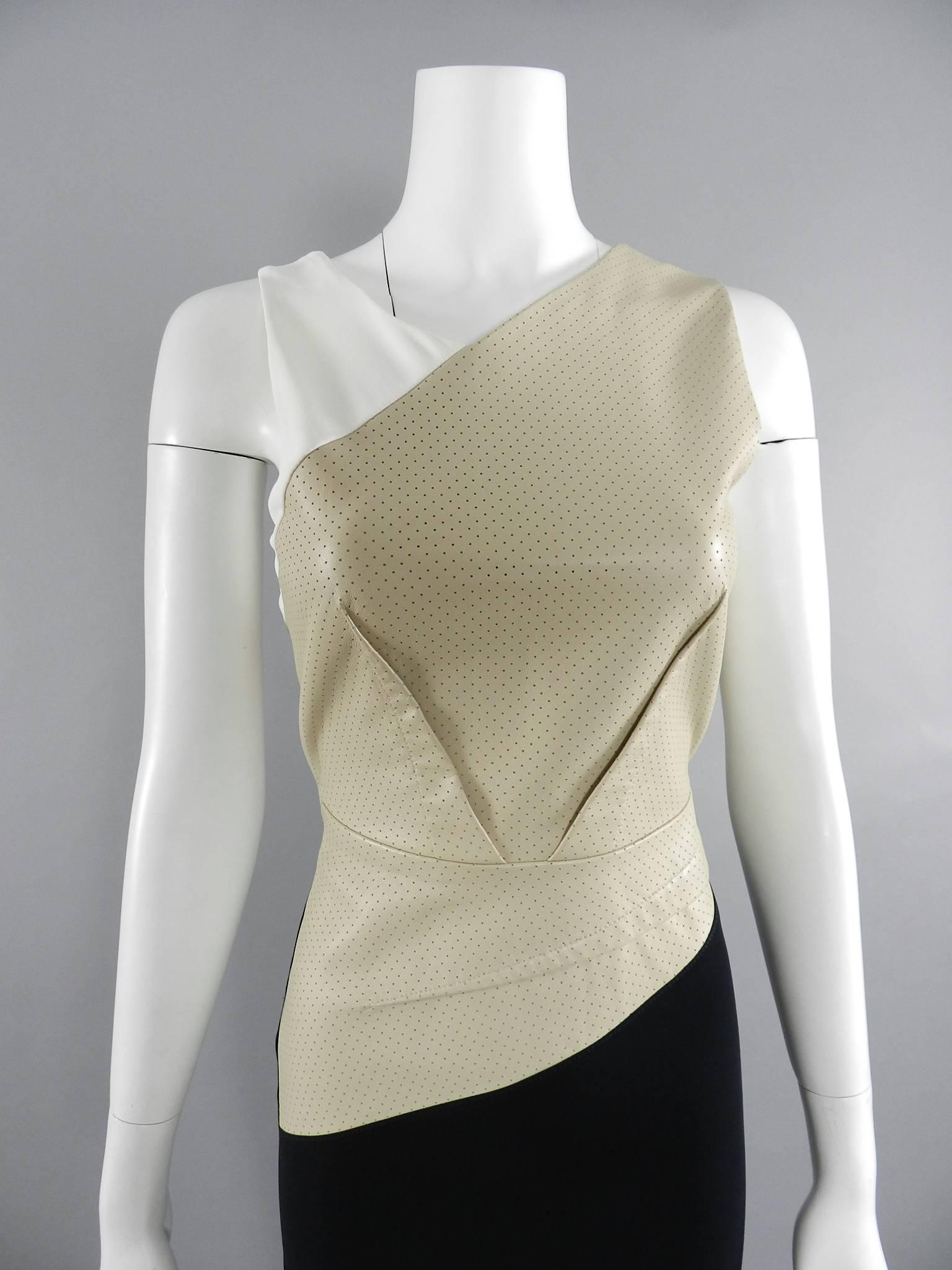 Roland Mouret Beige and Black Perforated Leather Wiggle Dress 3