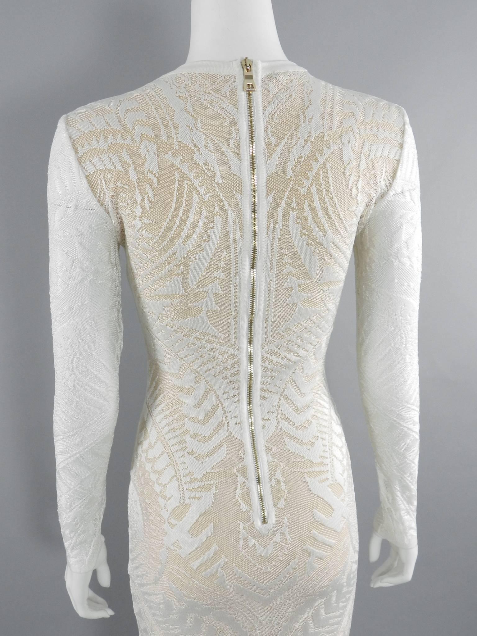 Balmain Long White Lace Stretch Dress with Nude Lining In Excellent Condition In Toronto, ON