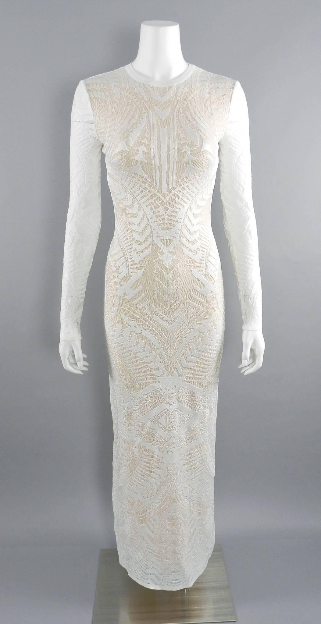 Balmain Long White Lace Stretch Dress with Nude Lining 2