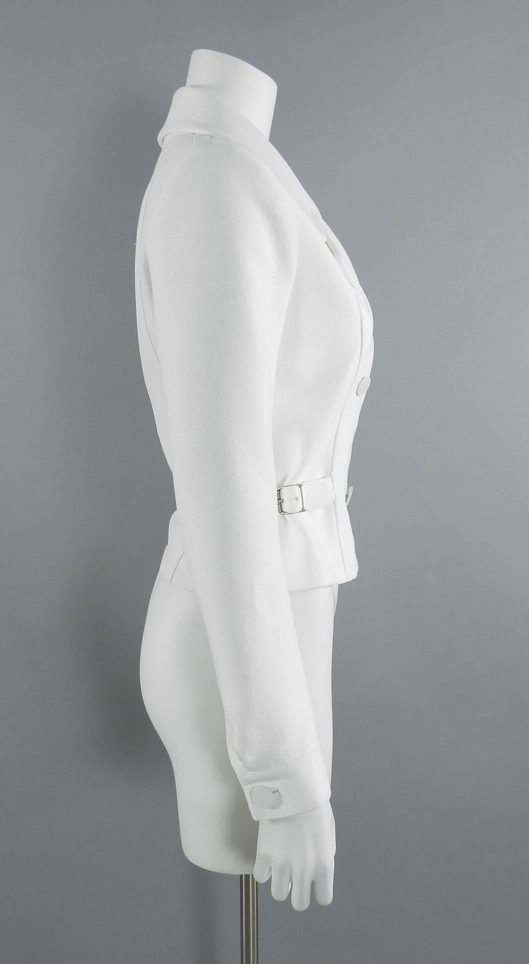 Alaia white jacket with side buckles and double row of white buttons. Brand new unworn with retail store price tag of $5640 attached.  Tagged size FR 40 but Alaia runs small and is recommended for USA 6.  To fit 34" bust, garment waist measures