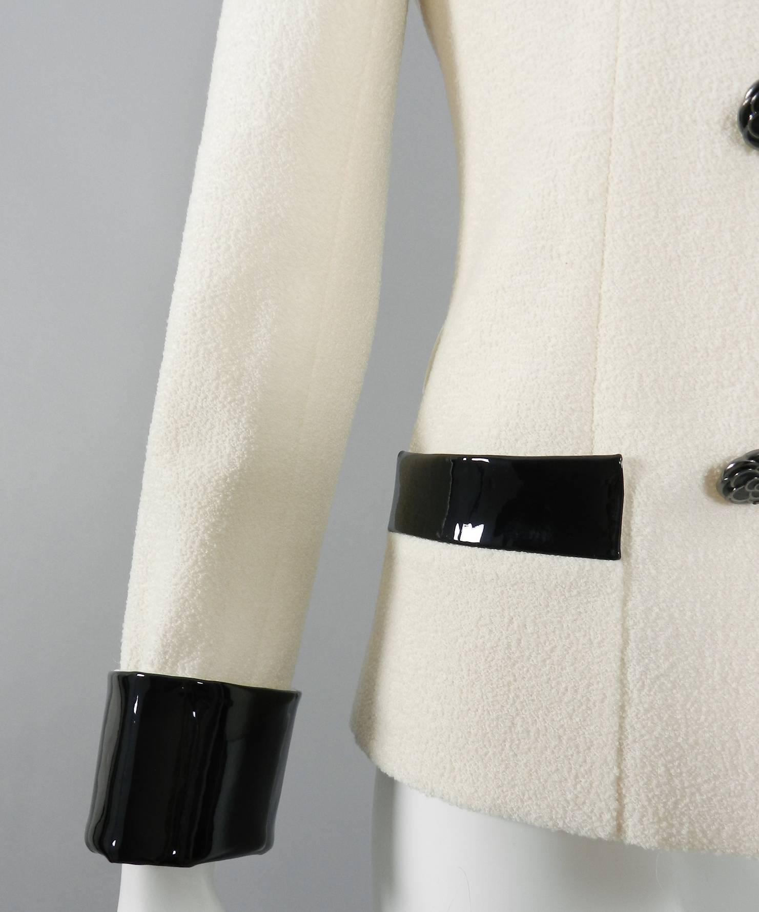 Beige Chanel 15A Ivory Wool Jacket with Patent Leather Trim