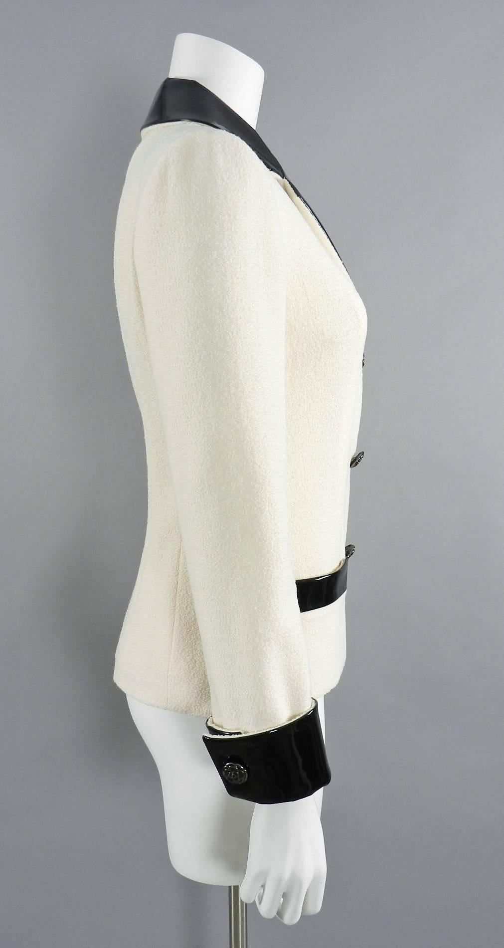 Women's Chanel 15A Ivory Wool Jacket with Patent Leather Trim