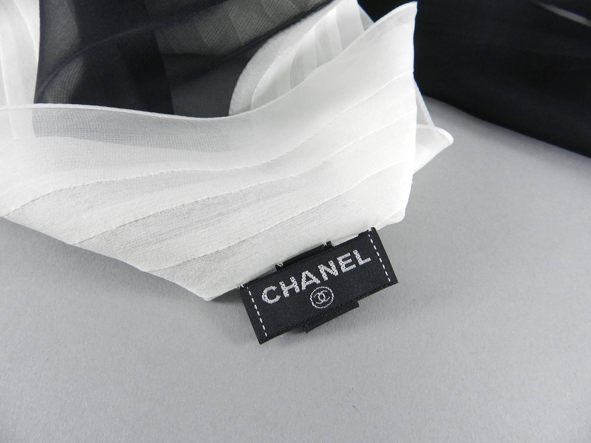 Gray CHANEL sheer black and white silk scarf with Camelia